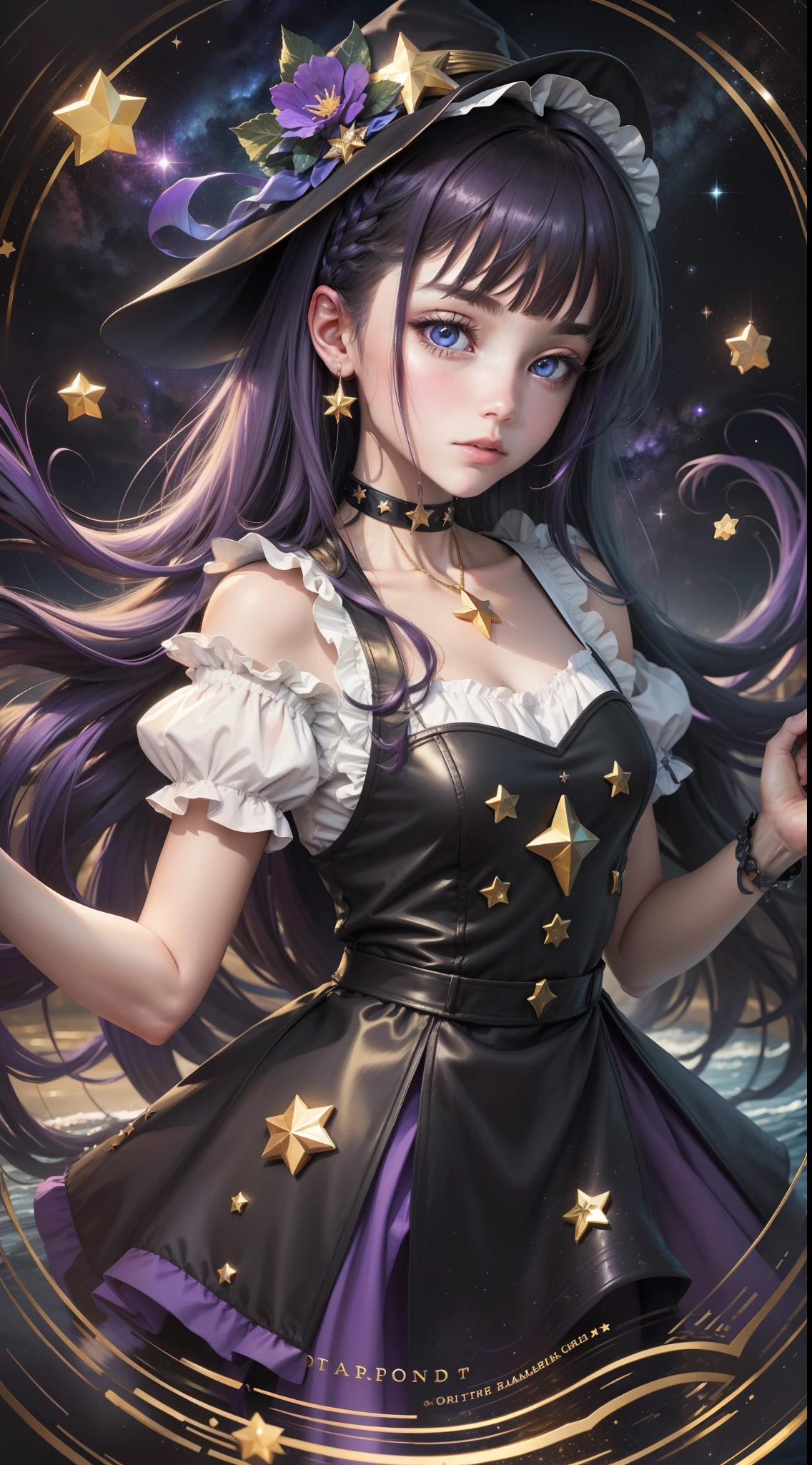 Girl, Located in the corner, Looking at the sky, Solo, Mona (Genshin Impact), choker necklace, hair between eye, Star (symbol), Long hair, Dark purple hair, double tails, Blue eyes, Shining eyes, jewelry, witch, maid, bangs, purple black dress, Purple skirt, White apron, landscape, Night sky, Star (sky), Starry sky, Night, En plein air, Clouds, Reflection, water, magic, tarot, Water magic, ((beautiful golden crystal star)), space, Water droplets, Splash