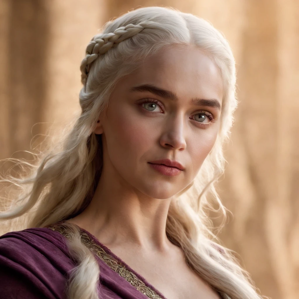 Daenerys Targaryen, Extraordinary and complex characters, Dazzling beauty and majestic aura, Long silver hair flowed like silk, Rich violet eyes, Exotic and charming woman, Her skin was pale and flawless, Reflecting her noble blood and pure bloodline, She exudes an intriguing mixture of strength and vulnerability。, Mother of Dragons, Daughter of Fire