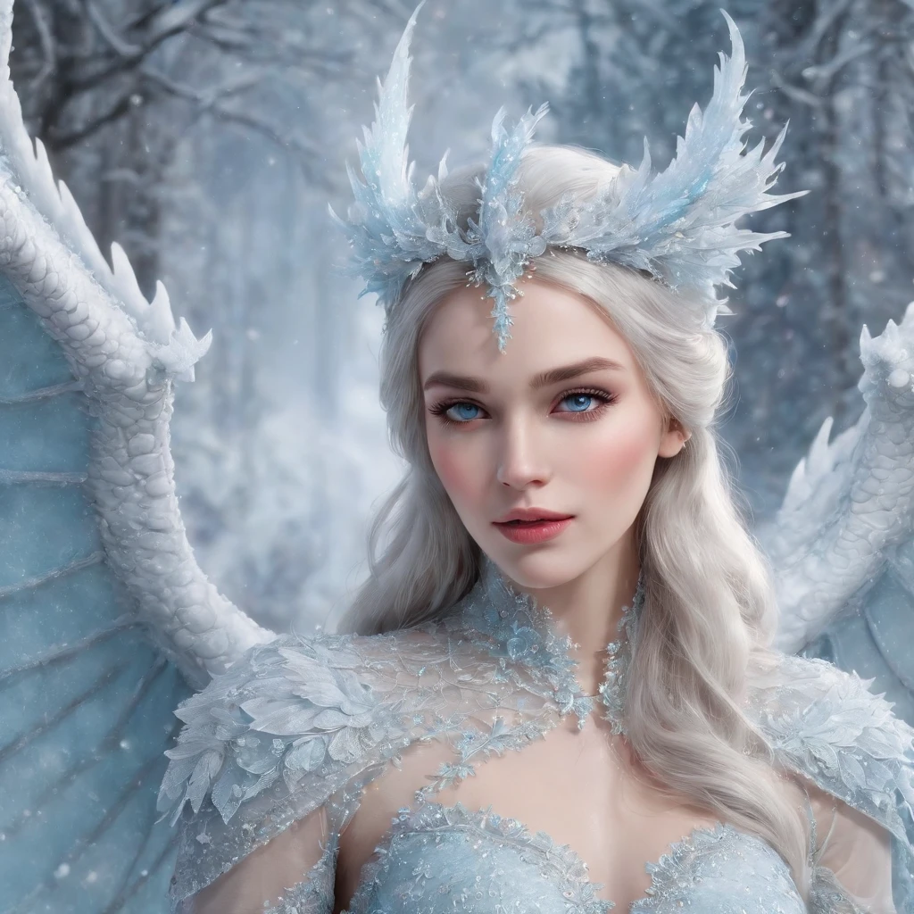 generate a celestial and colorful petite ice angel. her eyes should be beautifully detailed, extremely detailed, realistic, macro, and bright. her face should be fierce and dynamic. She should have soft, full lips and an arched nose. Her face should have high cheekbones, a strong jawline, and large lips. include a highly detailed face with realistic eye shading. her clothes are long and flowing and made of silk and lace and pearls. include frosty details such as snow, wind, snowflakes, cold air, and night sky. include phantasmal iridescence, shimmer, glimmer, and bumps, as well as beautiful and intricate fantasy details. this is a magical and high fantasy image. cold, frost, frost on image, frost on camera, frost on figure, intricate snowflakes ((masterpiece)), best quality, high quality, highres, intricate details, portfolio piece, bryan organ, matte, trending on art station, in the style of greg rutkowski, include magical ice creature, use shades of blue, include fur, (dynamic composition), (highly detailed), ornate, ultra detailed, detail enhancements, magical details, fantasy vibes, very detailed ice dragon, beautiful and intricate ice chimera, ((dynamic composition)). include colorful iridescence