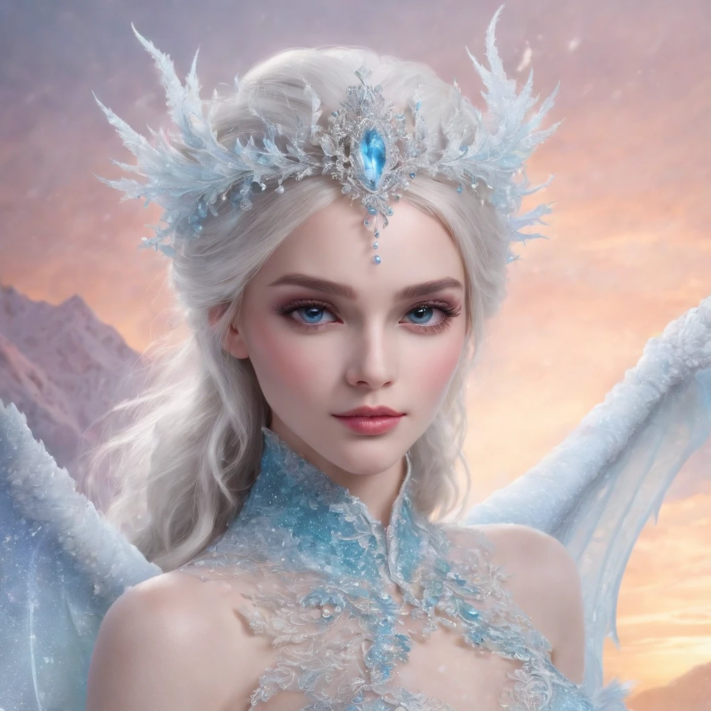 generate a celestial and colorful petite ice angel. her eyes should be beautifully detailed, extremely detailed, realistic, macro, and bright. her face should be fierce and dynamic. She should have soft, full lips and an arched nose. Her face should have high cheekbones, a strong jawline, and large lips. include a highly detailed face with realistic eye shading. her clothes are long and flowing and made of silk and lace and pearls. include frosty details such as snow, wind, snowflakes, cold air, and night sky. include phantasmal iridescence, shimmer, glimmer, and bumps, as well as beautiful and intricate fantasy details. this is a magical and high fantasy image. cold, frost, frost on image, frost on camera, frost on figure, intricate snowflakes ((masterpiece)), best quality, high quality, highres, intricate details, portfolio piece, bryan organ, matte, trending on art station, in the style of greg rutkowski, include magical ice creature, use shades of blue, include fur, (dynamic composition), (highly detailed), ornate, ultra detailed, detail enhancements, magical details, fantasy vibes, very detailed ice dragon, beautiful and intricate ice chimera, ((dynamic composition)). include colorful iridescence