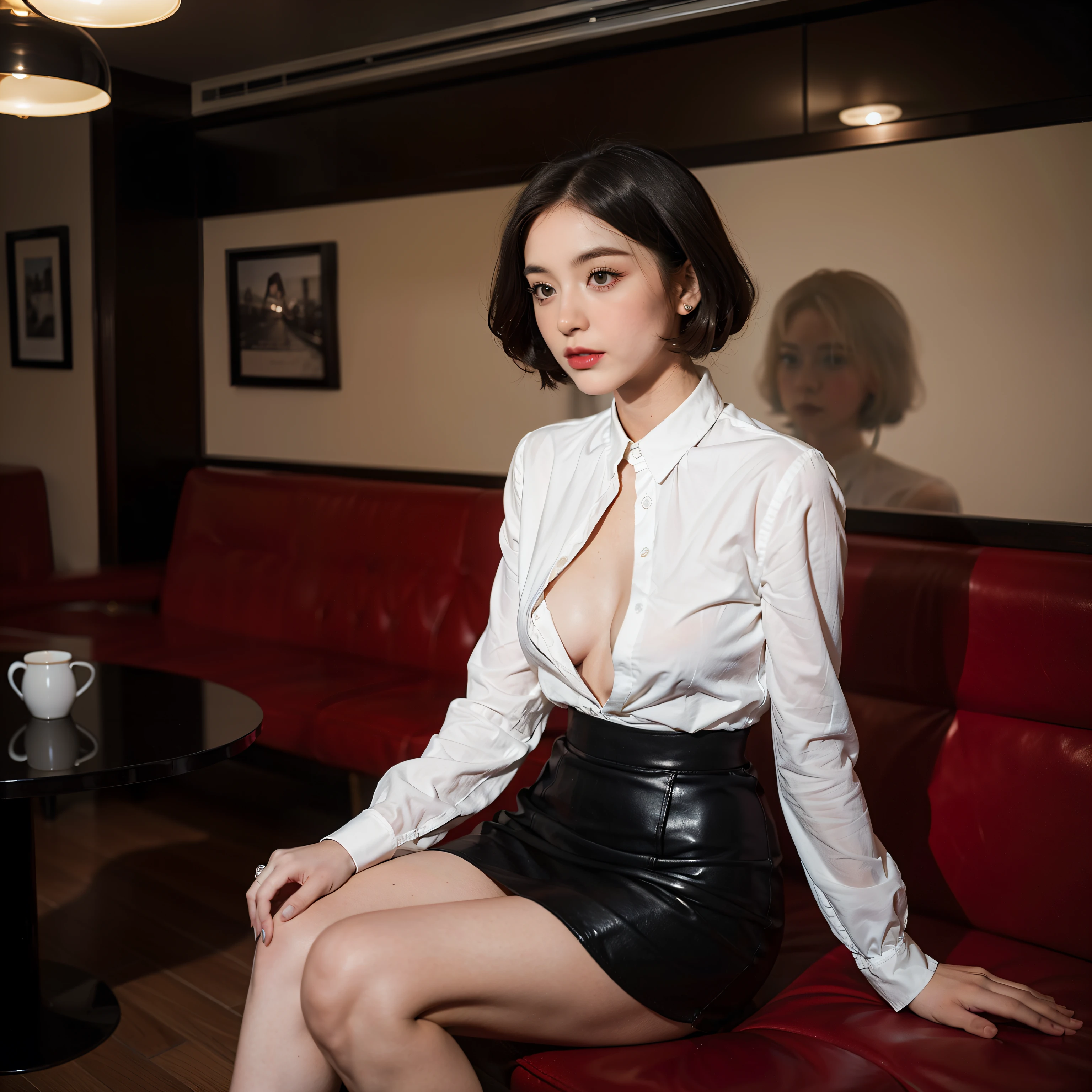 Mallory Malone's costume description is characterized by a very detailed, unique and interesting style. In a white long-sleeved blouse of your choice、A fitted black knee-length skirt with red accents creates a striking visual contrast. The addition of a black heel with ankle strap is、Adds a classy touch to the look. Apart from clothes, Vintage 1950s Bob Hairstyles、Adds a retro and timeless element to Mallory Malone's style. This type of hairstyle is、Known for its neat and short appearance, Typically、Jaw length with both ends turned inward. This hairstyle selection is、Add a vintage touch to the look、Complements Mallory's overall style. Makeup also plays an important role in the appearance of Mallory Malone. Although there are no specific details about makeup mentioned in the description, It is possible to imagine that she may be rocking a 1950s-inspired look.Happy,I see underwear,taking off shirt,Chest exposed,