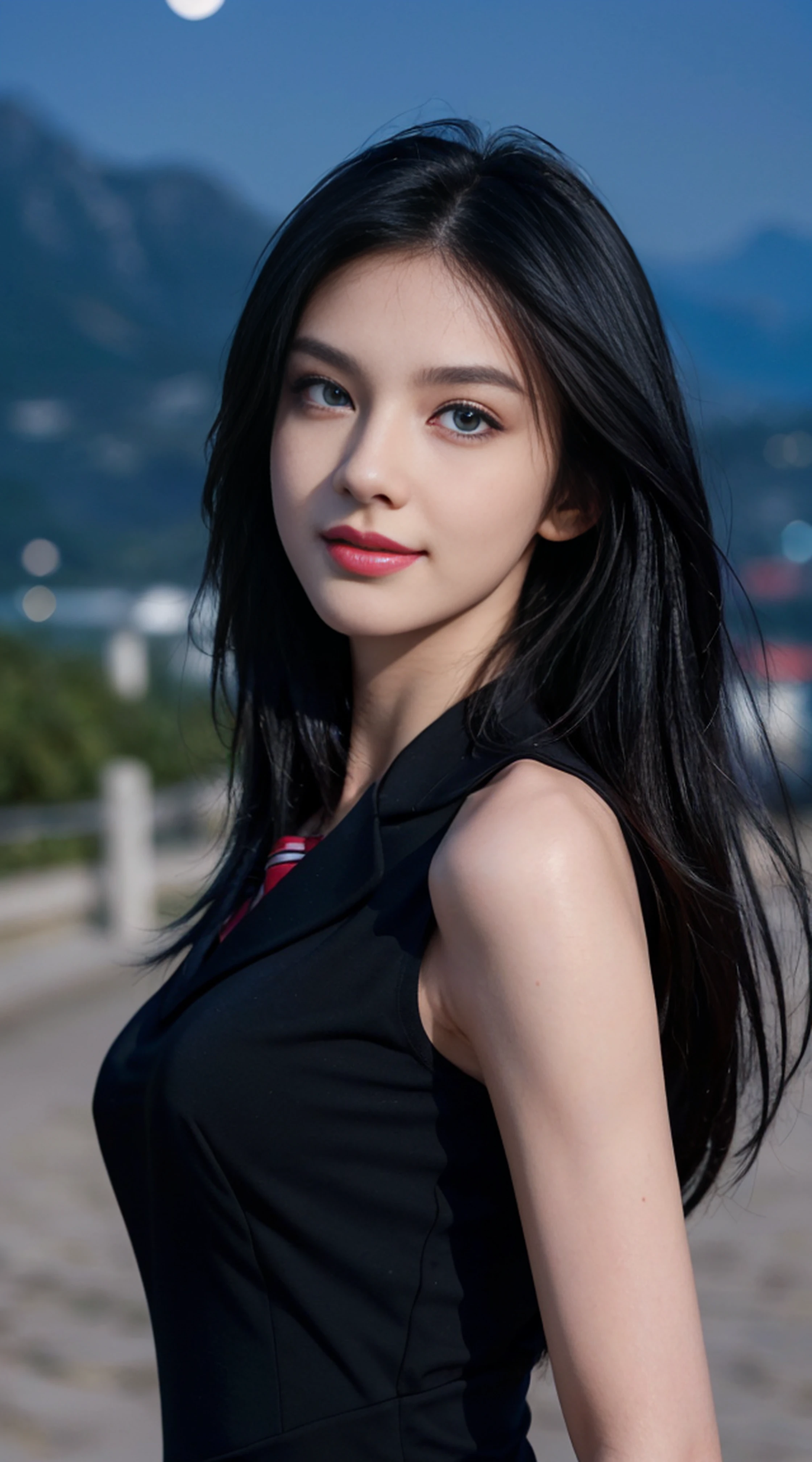 8K, Top Quality, Intricate Details, Ultra Detail, Ultra High Resolution, Masterpiece, random angle, Slender, Smile, (Makeup: 0.4), (Fluffy Blue Eyes: 1.21), blue Eyes, looking at viewer, ((full body)), 1girl, solo, 1 girl, (( full body)), close up shot, , ((tall)), (((fit body))), (((slim face))), sharp face, sharp eyes, (((black hair, long hair, )) (detailed face), sharp face, small lips,
((school uniform)), detailed face, detailed breast, , large breast, detail ass, , Beautiful girl with accentuated slender abs: 1.4, Six Pack Abs: 1.4, Bust Botox, Big, Perfect Body, detail leg, (( moonlight)), top of mountain