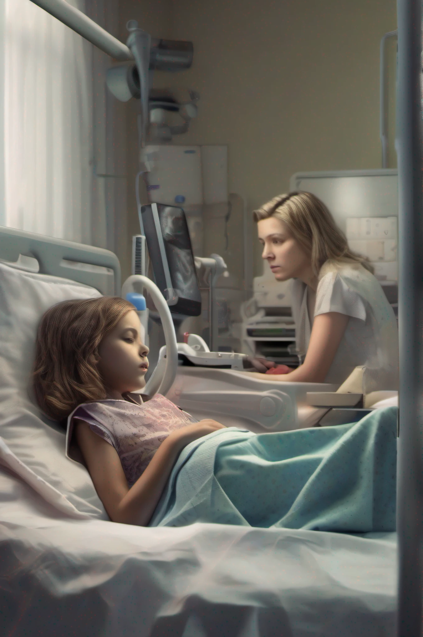 front view, girl sleeping in the hospital bed, 10 year olding, medical equipment, her mother at her side, sitting on a chair, respirator, woman sitting next to the bed, mother reading a magazine, dramatic low light, hyperrealistic, cinematic, high level of detail, high resolution