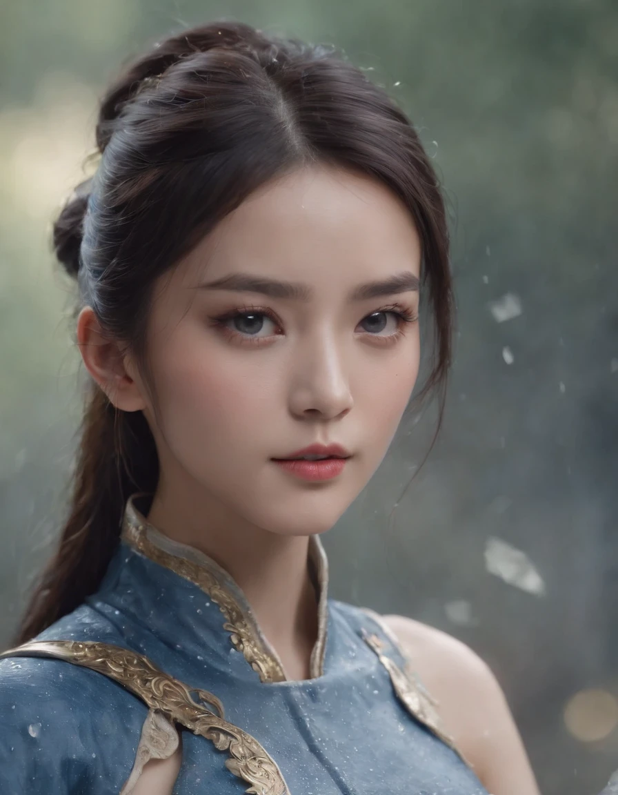 8k, complex, elegant, highly detailed, majestic, digital photography, denim lens, surrealist painting, broken glass, beating magic, winding lightning magic, (masterpiece, side light, fine beautiful eyes: 1.2), HDR, Void 5 energy lightning storm, (Chinese girl, black eyes: 1.5), pale skin, glowing skin, ( Sitting on a stone: 1.5), delicate face, black hair, wearing palatial blue armor, bare shoulders, navel, short skirt, fine blue armor, raining, beautiful, looking at the audience, facing the camera, masterpiece, upper body,