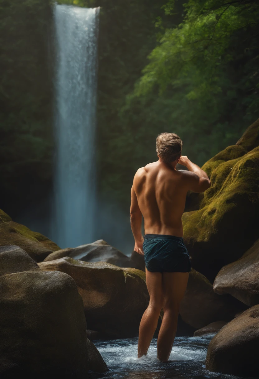 Help me draw a man bathing under a waterfall without panties。