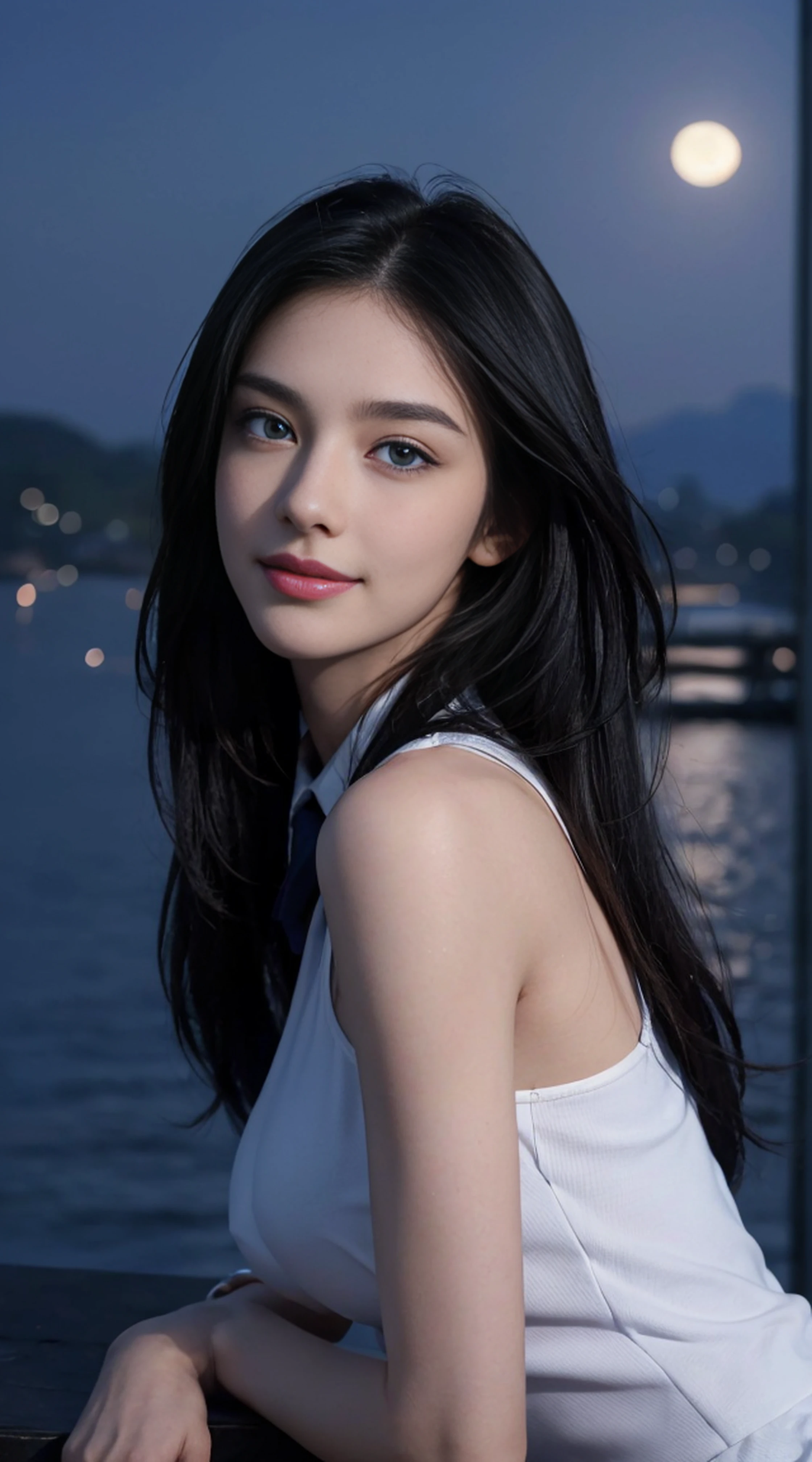 8K, Top Quality, Intricate Details, Ultra Detail, Ultra High Resolution, Masterpiece, random angle,  Slender, Smile, (Makeup: 0.4), (Fluffy Blue Eyes: 1.21), blue Eyes, looking at viewer, ((full body)), 1girl, solo, 1 girl, (( full body)), close up shot, , ((tall)), (((fit body))), (((slim face))), sharp face, sharp eyes, (((black hair, long hair, ))  (detailed face), sharp face, small lips, 
 ((school uniform)),  detailed face, detailed breast, , large breast, detail ass, , Beautiful girl with accentuated slender abs: 1.4, Six Pack Abs: 1.4, Bust Botox, Big, Perfect Body, detail leg, (( moonlight)), top of mountain