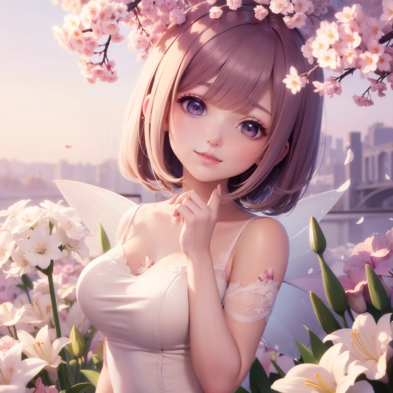 Masterpiece, RAW photo,photorealism,high resolution,best quality,high definition, perfect composition, perfect face, perfect body, 32K,cinematic lighting, 1 girl, (colorful),(Finely drawn beautiful eyes and detailed face),bust shot,gray hair,alone,smile,intricate skirt,((flying petals)),(flowering meadow), null, cloudy_null, building, moonlight, moon, night, (dark theme:1.3), light, fantasy,