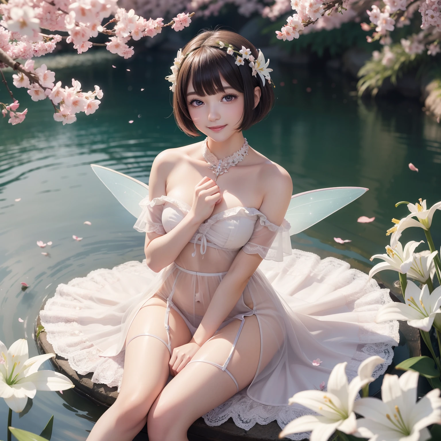 super high image, super detail, super high resolution, a very cute and beautiful fairy smiles shyly among the many lilies and cherry blossom petals, sparkling big eyes, glossy pixie cut, river murmur, anime, manga, illustration, professional lighting