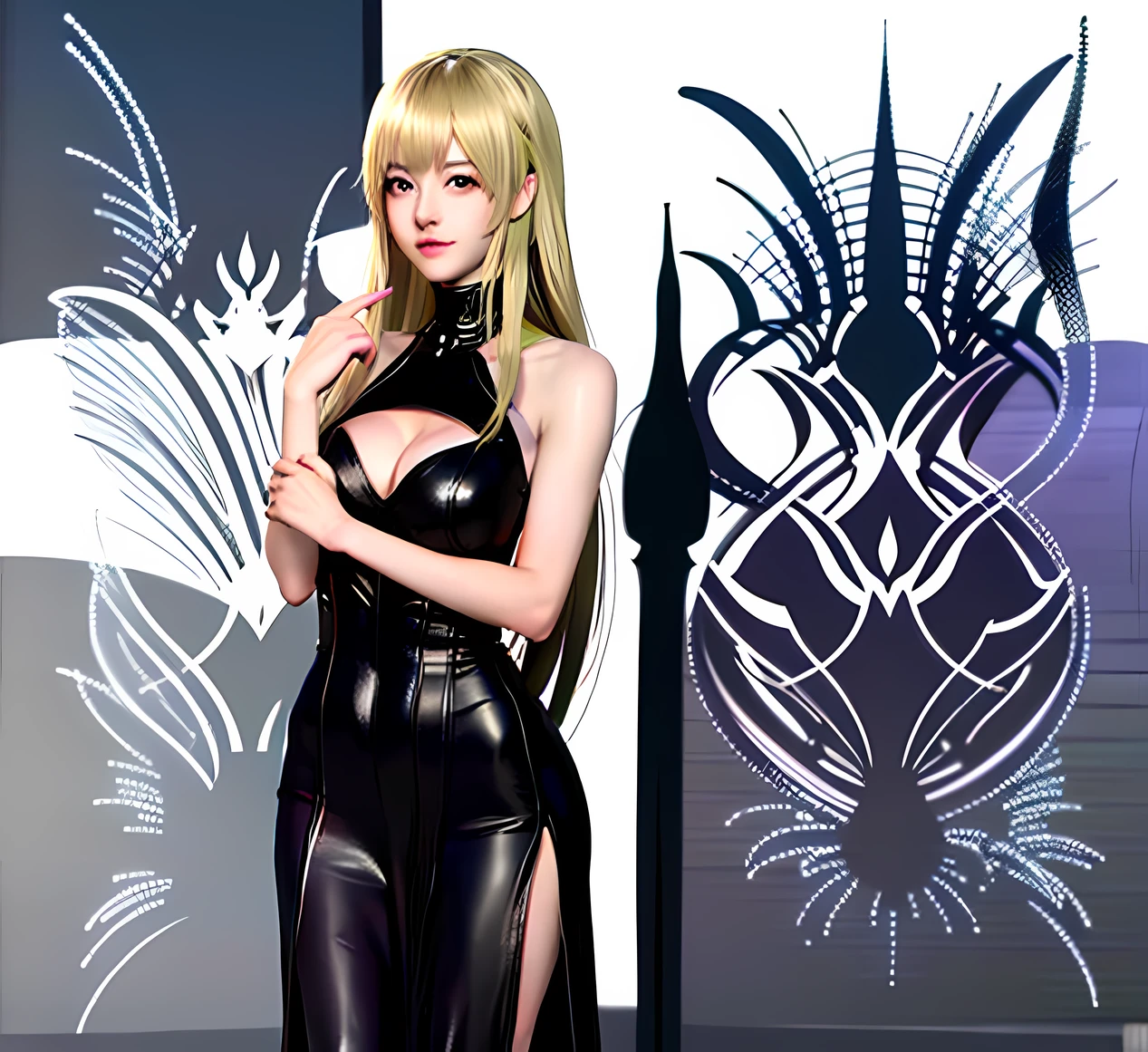 Anime girl in black dress with long blonde hair and chalk, huge tit、Big breasts、a female anime character, anime girl wearing a black dress, misa amane *, beautiful alluring anime woman, ( ( misa amane # ) ), blonde anime girl with long hair, King of Fighters character, misa amane, Anime girl named Lucy, Seductive Anime Girl, anime woman