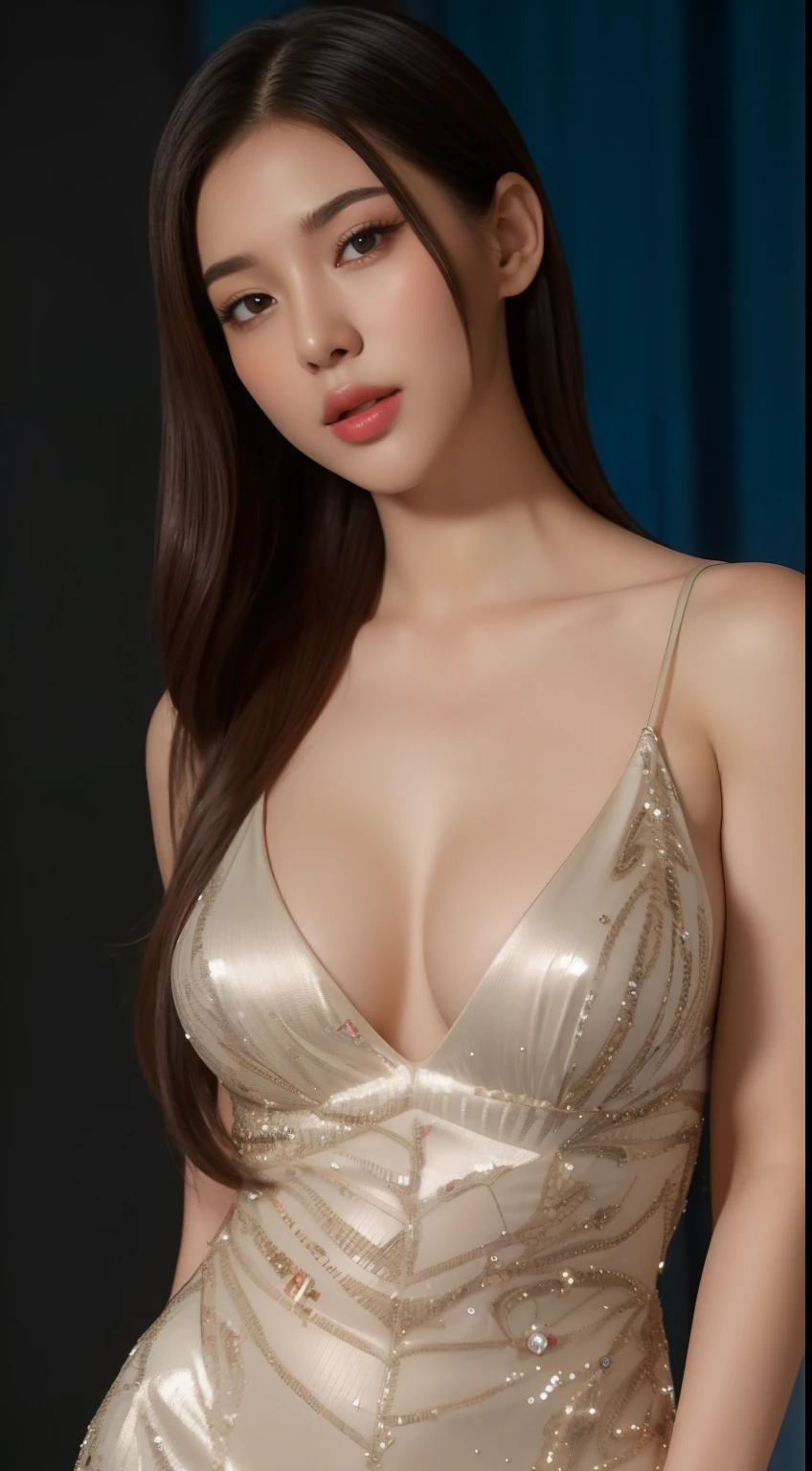 Ultra detail, high resolution, Ultra detailed, Best quality, Amazing, Top quality,Unified 8K wallpapers, Cinematic lighting, (fully body photo:1.6),(Sexy beauty),Call girl,Wear sexy light mature low cut V-neck sequin silk dress
