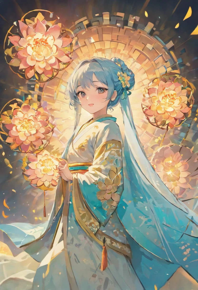 Ancient Chinese girl in light blue Hanfu smiling,Prayers are surrounded. Huge lotus flower, Huge lotus base,The median is transparent/Translucent pink lotus, soft, Glow,author:Yumei, Light, light blue and white, Simple white background, surrealist, , Super detail, Textured skin, 8K ,cheerfulness,Bright, Sunny, Warm and sunny,Veiled face,Many petals are falling, North and South Dynasties,Hanfu, Very simple wind, Line,Chibi anime style,Hand detail