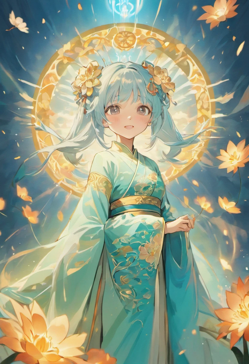 Ancient Chinese girl in light blue Hanfu smiling,Prayers are surrounded. Huge lotus flower, Huge lotus base,The median is transparent/Translucent pink lotus, soft, Glow,author:Yumei, Light, light blue and white, Simple white background, surrealist, , Super detail, Textured skin, 8K ,cheerfulness,Bright, Sunny, Warm and sunny,Veiled face,Many petals are falling, North and South Dynasties,Hanfu, Very simple wind, Line,Chibi anime style,Hand detail
