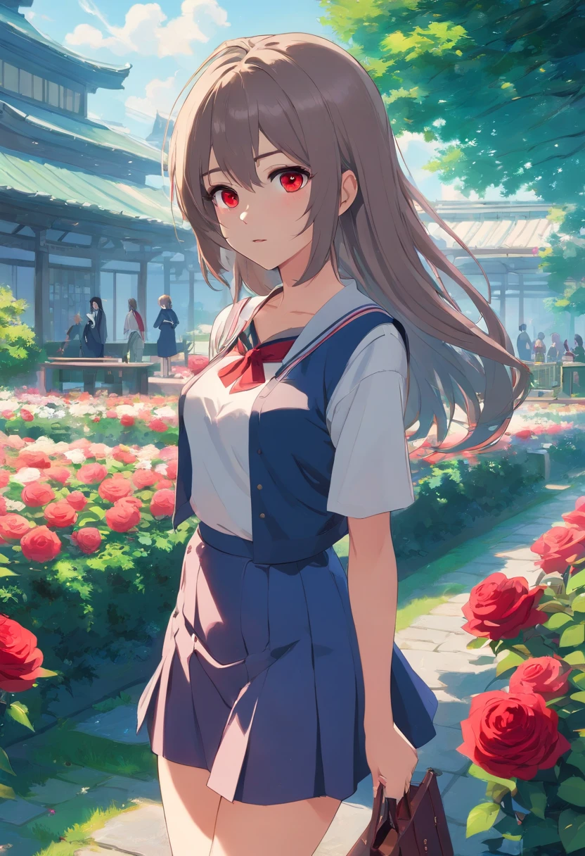 sliver long hair、red eyes、Beautiful girl alone、独奏、anime big breast、Western clothes、cropped shoulders、A miniskirt、borgar、Rose garden、A cold expression、Vampires