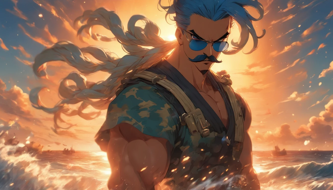 A male naval soldier with a mustache standing on a beach at sunset, long blue hair tied up in a bun, round sunglasses, dark blue outfit, in fighting pose with his guns, the mood is intense, and the lighting is bright