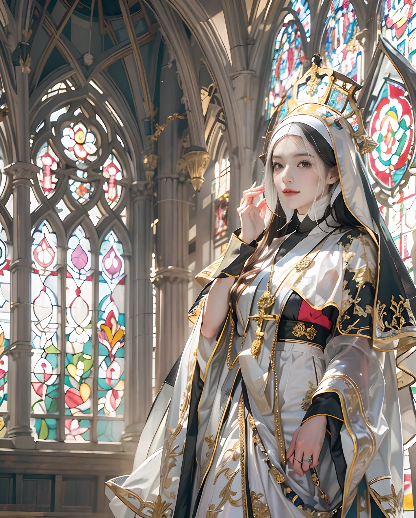 masutepiece、hight resolution、Nun costume、25Old Female、1girl with、Look at the viewer、smil、Okappa、The background is a monastery、Beautiful stained glass、the skin is white and transparent、Beautiful nun praying to God、Angel Smile、the skin is white and transparent、Paws are thin and beautiful,high-heels、