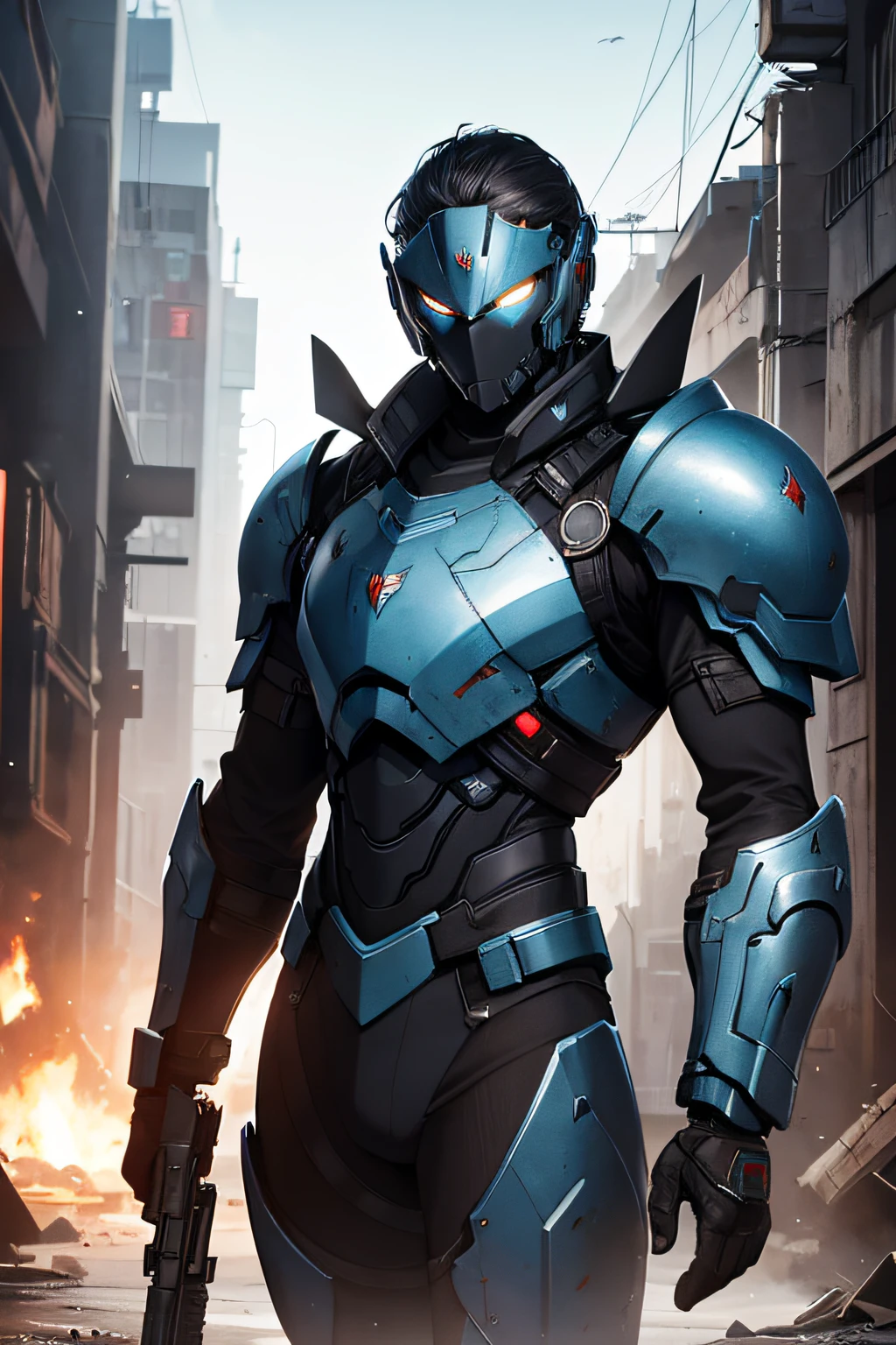 1man, heavy sci-fi armor, no helmet, black hair, metal mask, blue eyes, sci-fi gun in hand, war torn background, absurdres, highres, 8k, looking past viewer, masterpiece, saturated color, portrait exhausted sad expression