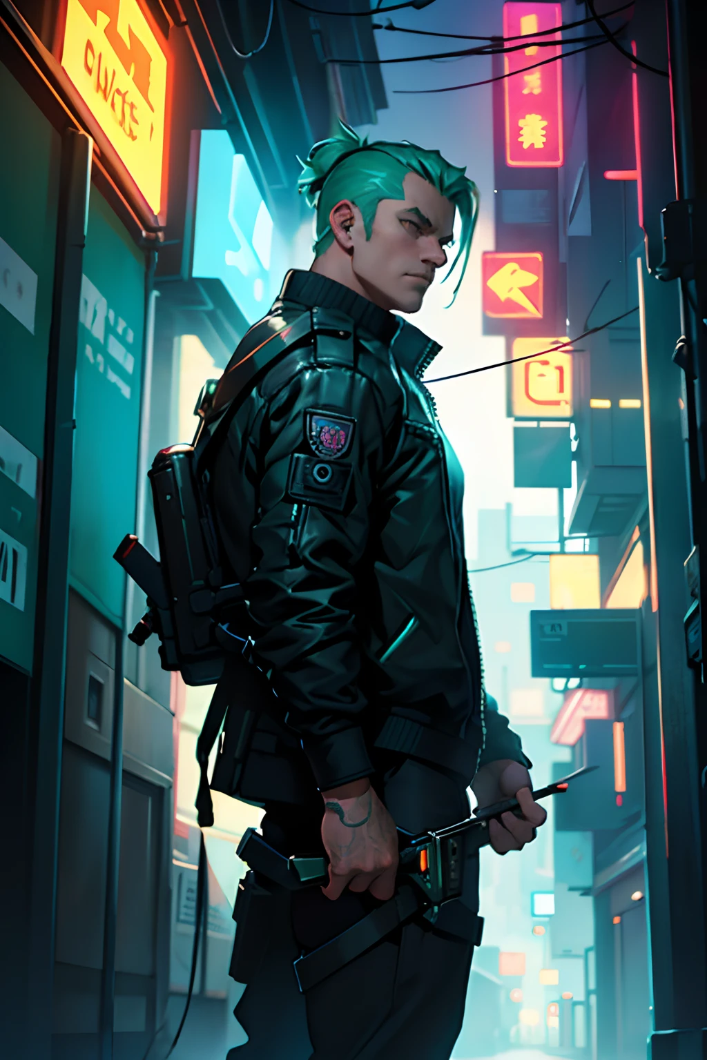 a male cyberpunk agent, standing, holding a bow, in a dim lit alley, blue and green lighting, from the back, close up low angle