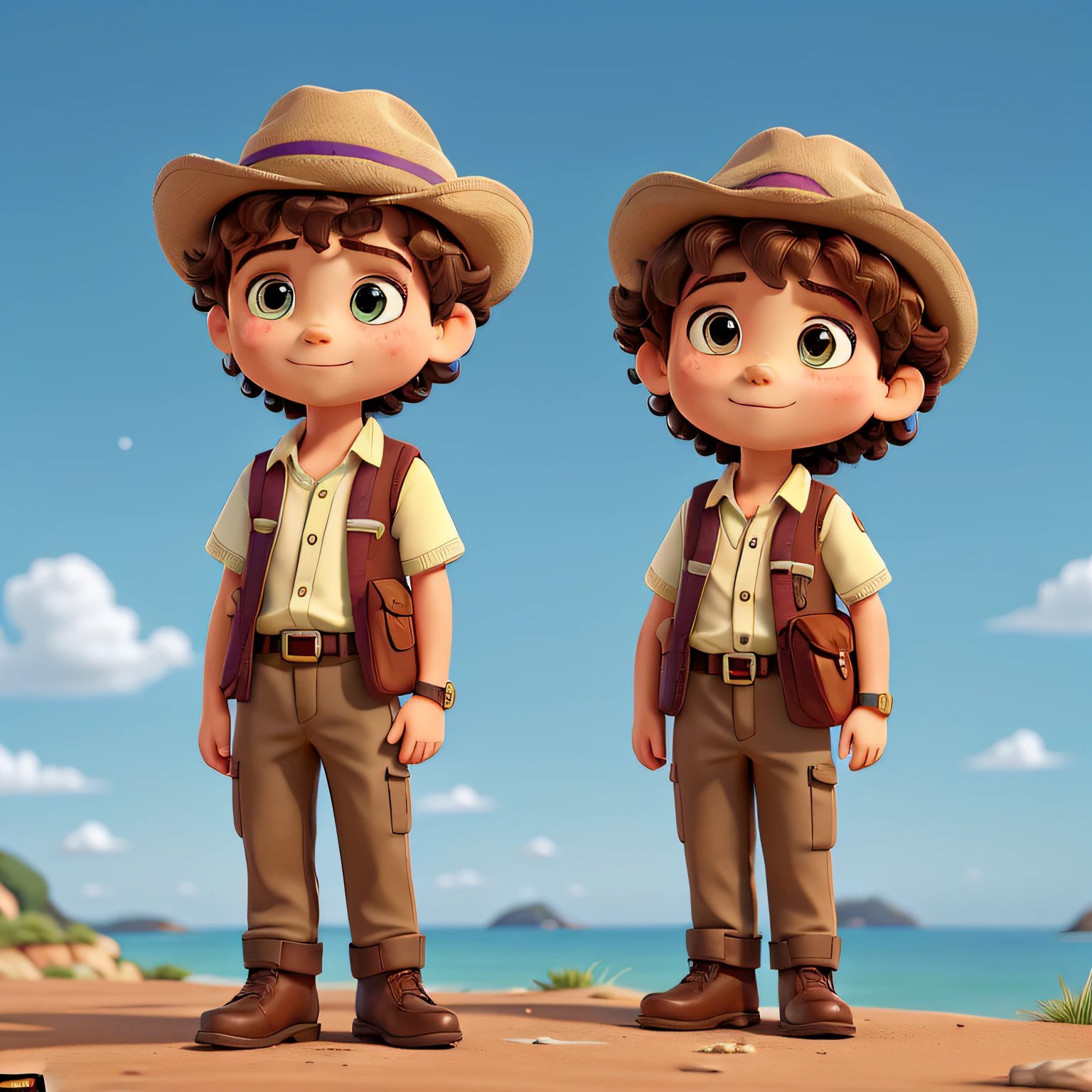 names: George described: George is a cool -yead boyurly brown hair and crystal green eyes. He is a fearless adventurer，Always ready to explore new places，Discover exciting things. Suits: George wears an adventure suit，Includes a pink short-sleeved shirt，There are purple polka dot details on it, Team it with brown trousers and medium boots. She also wears a brown explorer hat。，A blue ribbon is tied to it, Watch with a treasure map in both hands，Perfect match for your adventure look. Fundo: These images show George in its entirety, Highlight his lively and adventurous expression. Create contrasts, background is white, Make George stand out，Convey a sense of freedom and open space for his adventures.