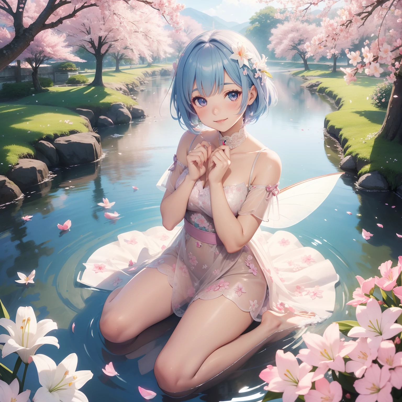 super high image, super detail, super high resolution, a very cute and beautiful fairy smiles shyly among the many lilies and cherry blossom petals, sparkling big eyes, glossy pixie cut, river murmur, anime, manga, illustration, professional lighting