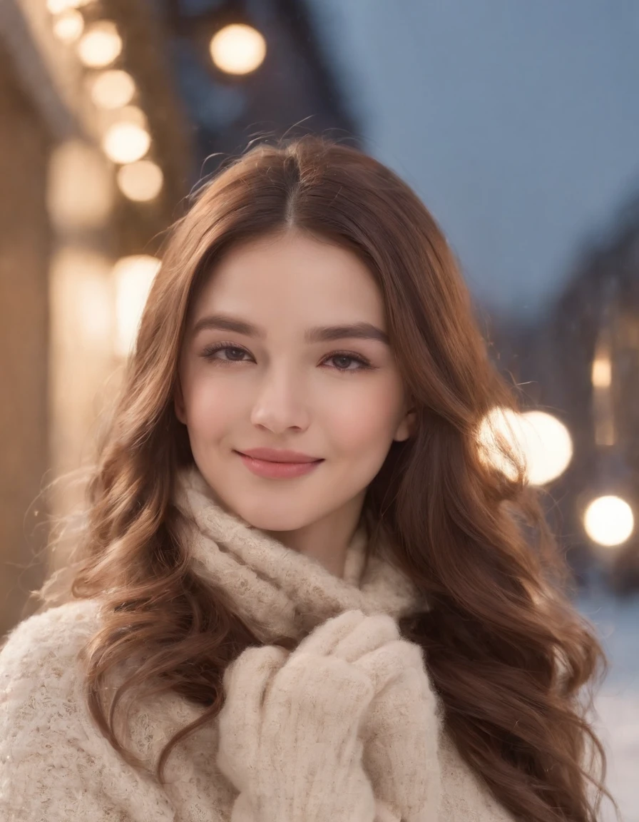 Light blush, smile, upper body, (winter clothes, snow, city, skirt, flowing hair,,) looking at the audience, beauty, best quality, super high resolution, (fidelity: 1.4), hiqcgbody, masterpiece, (realism: 1.4), best quality, beautiful lighting, detailed, complex, RAW photo, 8k uhd, film grain,