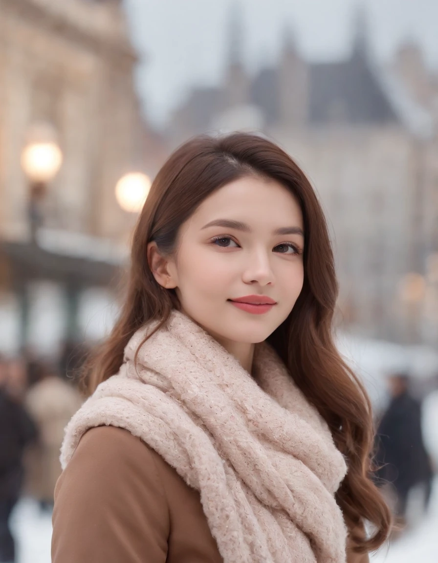 Light blush, smile, upper body, (winter clothes, snow, city, skirt, flowing hair,,) looking at the audience, beauty, best quality, super high resolution, (fidelity: 1.4), hiqcgbody, masterpiece, (realism: 1.4), best quality, beautiful lighting, detailed, complex, RAW photo, 8k uhd, film grain,