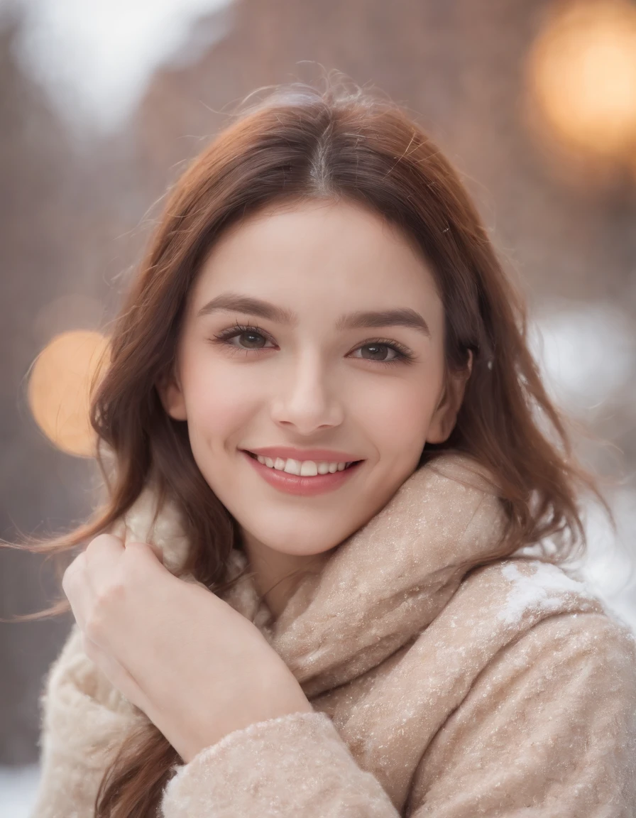 Light blush, smile, upper body, (winter clothes, snow, city, skirt, flowing hair,,) looking at the audience, beauty, best quality, super high resolution, (fidelity: 1.4), hiqcgbody, masterpiece, (realism: 1.4), best quality, beautiful lighting, detailed, complex, RAW photo, 8k uhd, film grain,