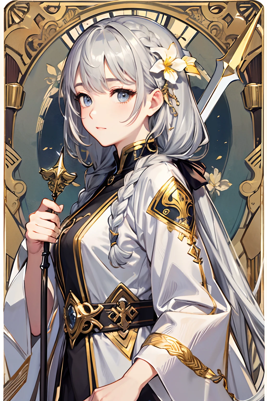 ​masterpiece、top-quality、hight resolution、High-quality images、8K、Silver metallic、grayscales、skin gloss、Texture of skin and clothing、the detail、portlate、Detailed eye expression、Lustrous hair、poneyTail、Braided hair、full body Esbian、dong、spear、evening primrose、by mucha、