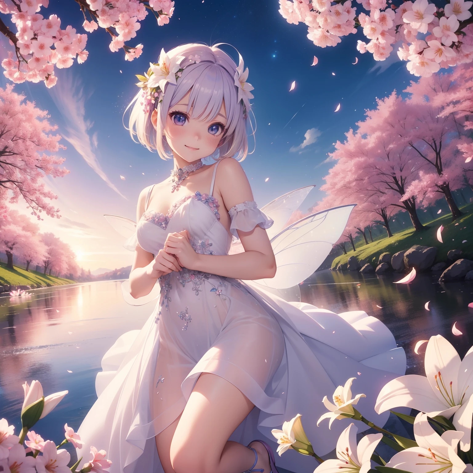 super high image, super detail, super high resolution, a very cute and beautiful fairy smiles shyly among the many lilies and cherry blossom petals, sparkling big eyes, glossy pixie cut, river murmur, anime, manga, illustration, professional lighting