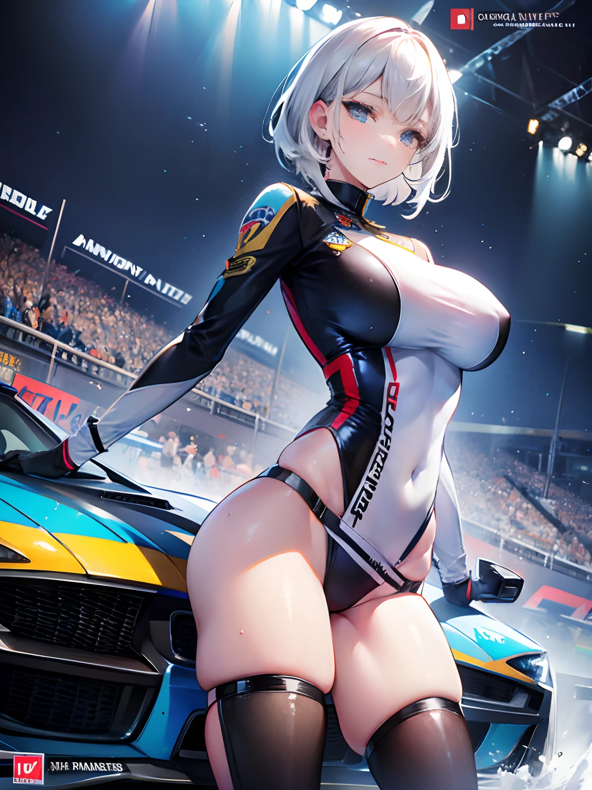 Unreal Engine 5 Realistic Rendering, cosplayer, Random Posing, Race Queen、Uniform with logo、 Exquisite beauty、Beautiful face, Body shape of slim model, Colossal tits, shiny, wet shiny body, short white hair, dark brown skin, neons、Large crowds、audience、Forming an emperor、Drag racing、Midsommar Racing Circuit、racing car、Lower grade、crowd、spectators、