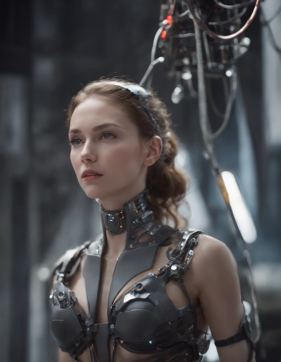 (((masterpiece))), (((best quality))), ((ultra-detailed)), (highly detailed CG illustration), ((an extremely delicate and beautiful)),(from side),cinematic light,((1mechanical girl)),solo,full body,(machine made joints:1.2),((machanical limbs)),(blood vessels connected to tubes),(mechanical vertebra attaching to back),((mechanical cervial attaching to neck)),(sitting),expressionless,(wires and cables attaching to neck:1.2),(wires and cables on head:1.2)(character focus),science fiction,extreme detailed,colorful,highest detailed