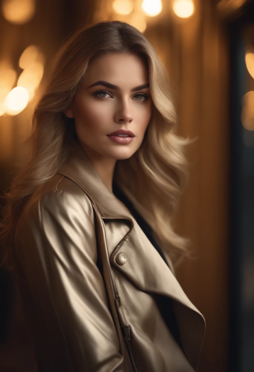 (high quality,realistic:1.2),portrait,golden hair,beautiful girl wearing a black jacket,detailed eyes,luscious lips,sensual gaze,luxurious texture,shimmering highlights,soft shadows,subtle smile,impeccable makeup,perfect skin tone,varied golden hues,mesmerizing presence,extraordinary attention to detail,immaculate shading,flawless complexion,expressive eyebrows,long eyelashes,graceful pose,stylish and confident demeanor,striking contrast between the jacket and hair,professional photography,rich color palette,subdued lighting,subtle bokeh effects,glowing complexion,meticulously crafted features,exquisite realism,artistic sophistication.