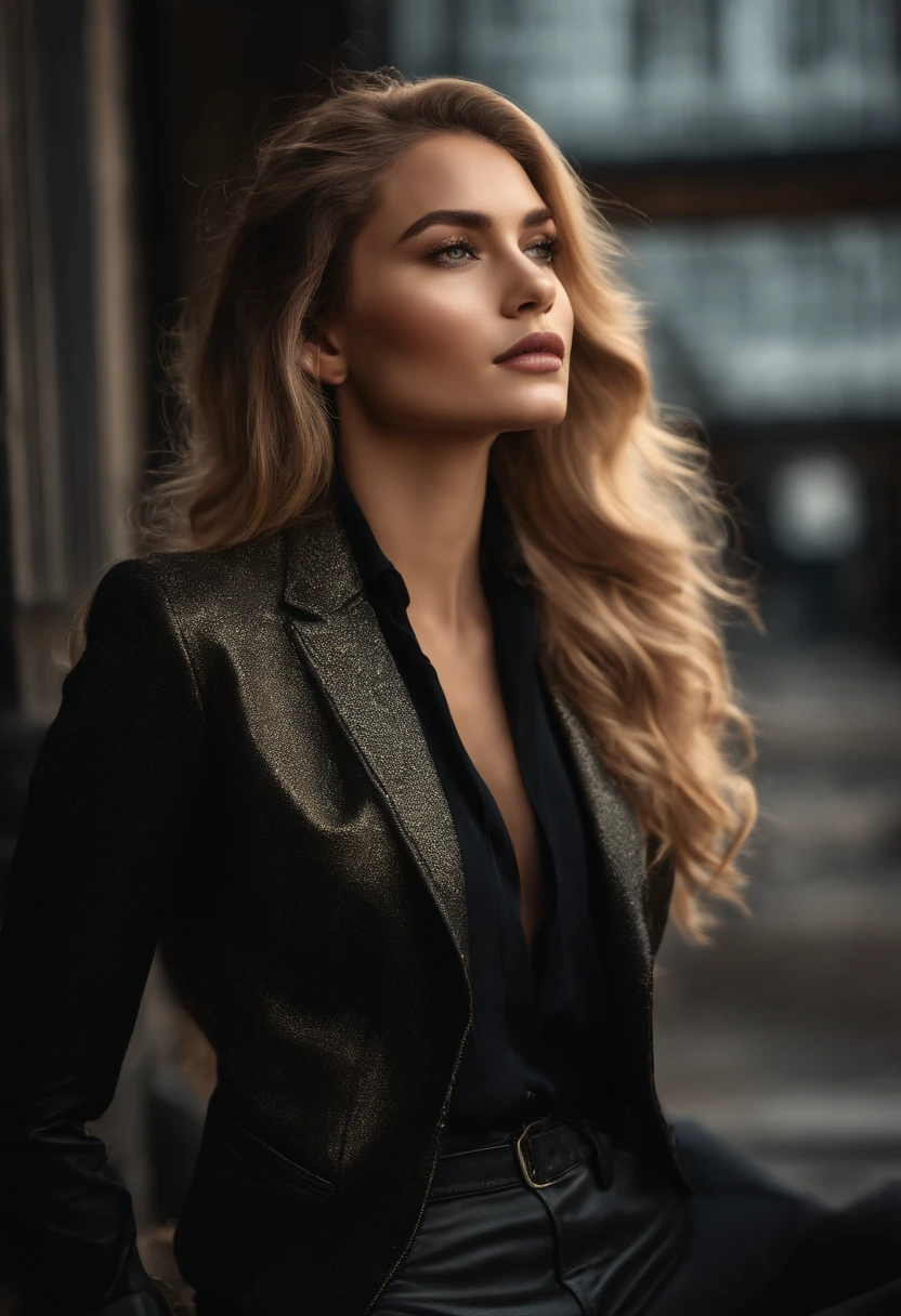 (high quality,realistic:1.2),portrait,golden hair,beautiful girl wearing a black jacket,detailed eyes,luscious lips,sensual gaze,luxurious texture,shimmering highlights,soft shadows,subtle smile,impeccable makeup,perfect skin tone,varied golden hues,mesmerizing presence,extraordinary attention to detail,immaculate shading,flawless complexion,expressive eyebrows,long eyelashes,graceful pose,stylish and confident demeanor,striking contrast between the jacket and hair,professional photography,rich color palette,subdued lighting,subtle bokeh effects,glowing complexion,meticulously crafted features,exquisite realism,artistic sophistication.