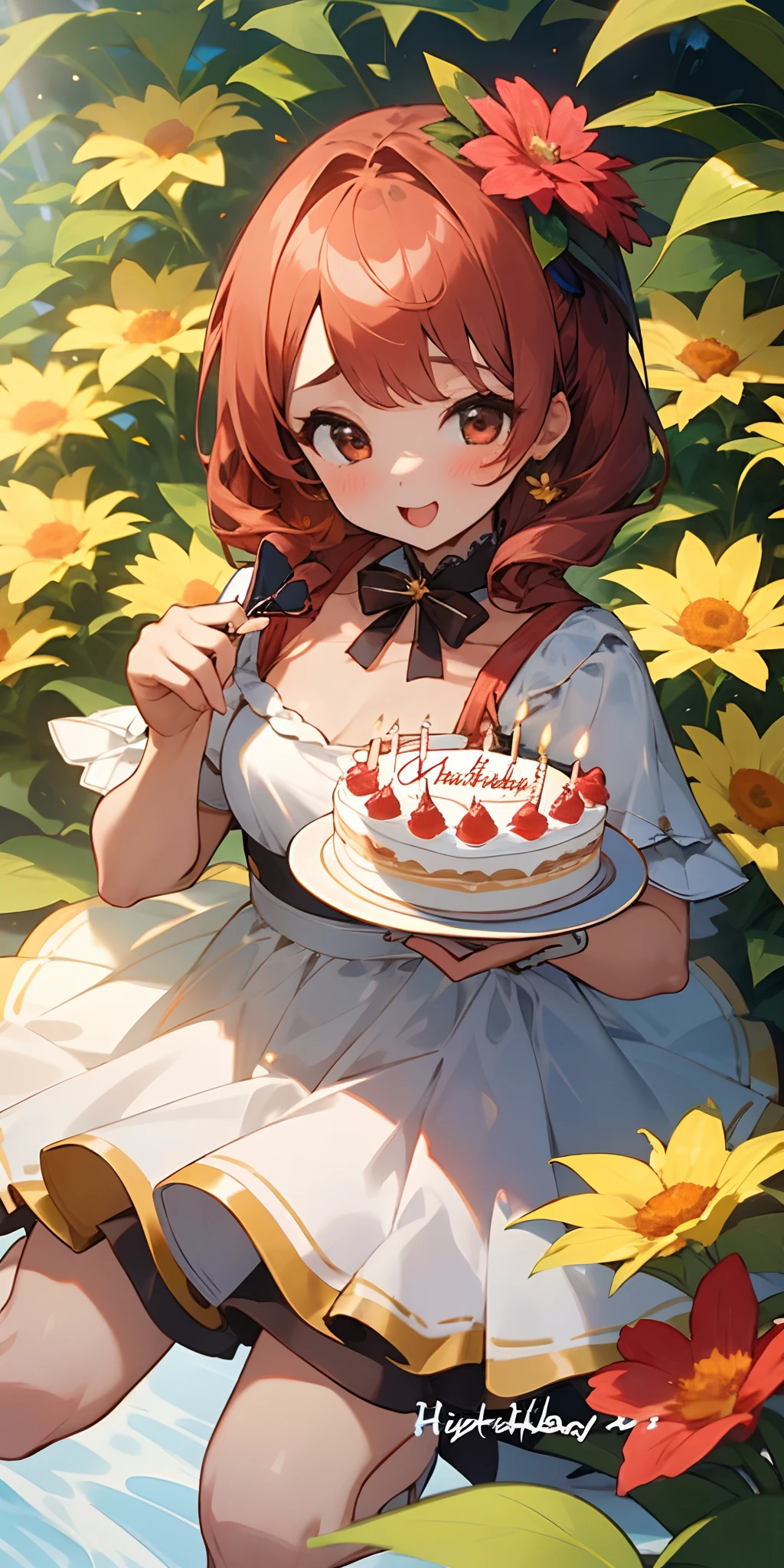 (Masterpiece, Best Quality), High Detail, Ultra Detail, 8K, Ultra High Resolution, a cute girl hold a birthday cake in the flower garden