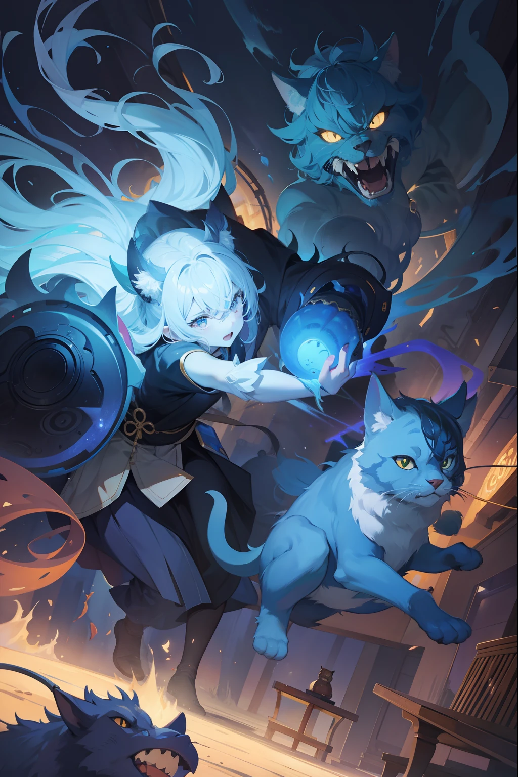 Create exquisite illustrations reminiscent of Makoto Shinkai's style, Characterized by ultra-fine details and first-class quality、Create an illustration in which four creatures appear in front of the priestess, Looking down at her.
Blue Ghost (Blue Ghost): Draw a terrifying blue devil, Face like a mask, Looking down at the priestess menacingly.
Golden Komainu Monster (Golden Komainu): Place the Komainu Monster, Engulfed in golden flames, Right of the Blue Demon. I open my mouth a little and explain, As if mocking the priestess.
Catfish-like creatures (Catfish-like monsters): Place creatures similar to Ikutsu, By hand, It is located low on the left side of the Komainu. Its color must be gray. You should be looking at the priestess with curiosity or worry.
Cat (Cats): Drawing a cat under a catfish-like creature, Silently staring at the priestess.