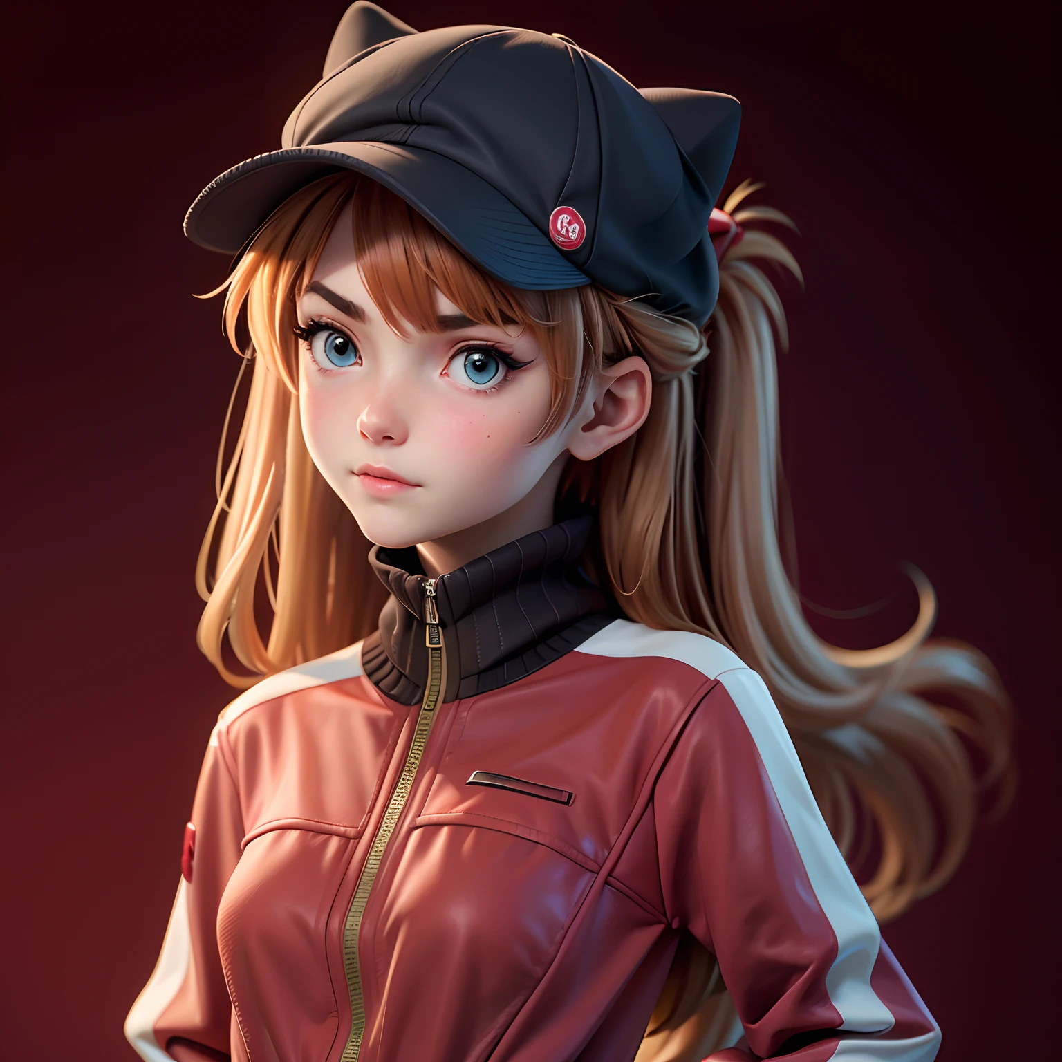 (best quality, highres, masterpiece:1.2), 1girl, souryuu asuka langley, (track jacket:1.2), plugsuit 02 under clothes, eyepatch, animal hat, simple background, close-up, expressionless, full-face blush, v-shaped eyebrows, embarrassed, looking at viewer