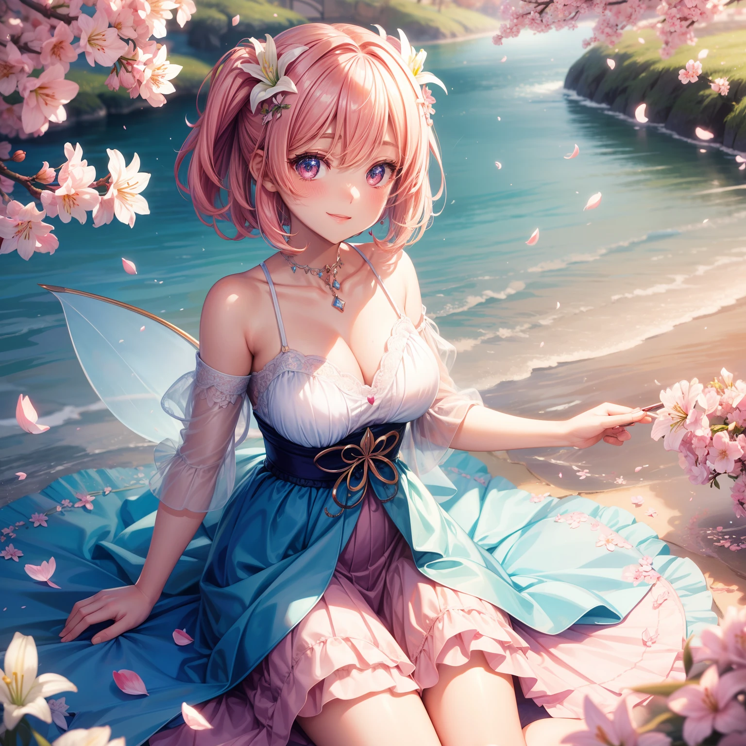 super high image, super detail, super high resolution, a very cute and beautiful fairy smiles shyly among the many lilies and cherry blossom petals, sparkling big eyes, glossy pixie cut, river murmur, anime, manga, illustration, professional lighting