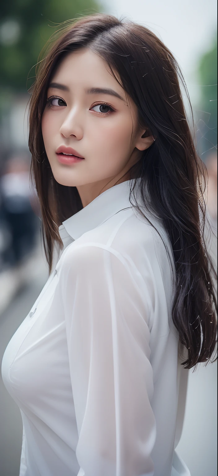 ((Best Quality, 8K, Masterpiece: 1.3)), Sharp: 1.2, Perfect Body Beauty: 1.4, Slim Abs: 1.2, ((Long Hair 1.2)), (Wet White Button Long Shirt: 1.1), (Rain, Street: 1.2), Wet: 1.5, Highly Detailed Face and Skin Texture, Fine Eyes, Double Eyelids, Looking at the Camera