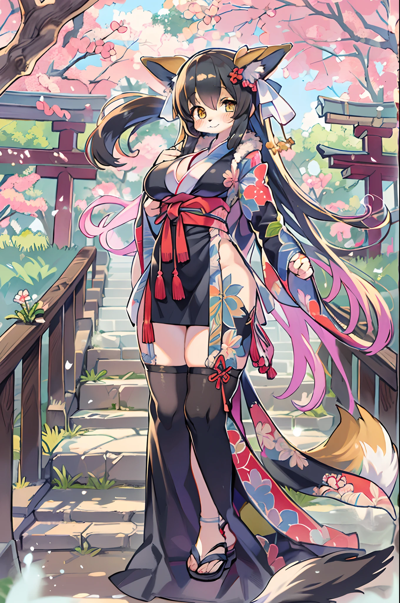 ((masutepiece,Best Quality)),2girls, Black kimono, Black legwear, a black ribbon, Black hair, cherryblossom, day, flower, Hair bun, Hair Ribbon, Komono, Kimono, Long hair, Looking at Viewer, Looking back , Multiple girls, Outdoors, bow ribbon, Sandals, single bun, stairs, Statue, torii gate, tree, Yellow eyes、body covered with fur、huge-breasted、thighs thighs thighs thighs,、bbw、big butts、Ultramammy、(((Fox Woman)))、body covered with fur、kawaii