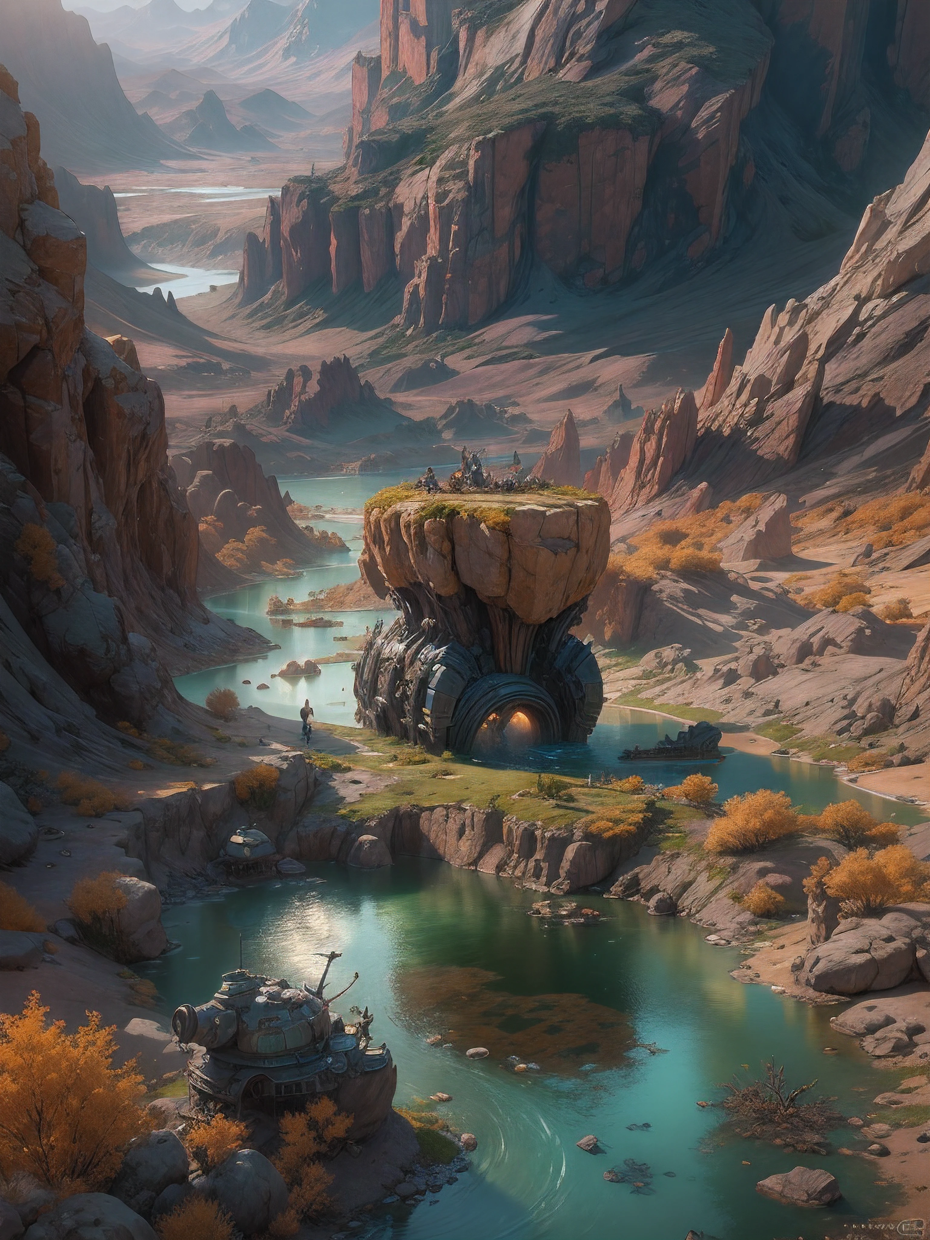 The scavengers find a valley with water in it, and decide they need to refill their empty waterskins, ultra hd, realistic, vivid colors, highly detailed, UHD drawing, pen and ink, perfect composition, beautiful detailed intricate insanely detailed octane render trending on artstation, 8k artistic photography, photorealistic concept art, soft natural volumetric cinematic perfect light