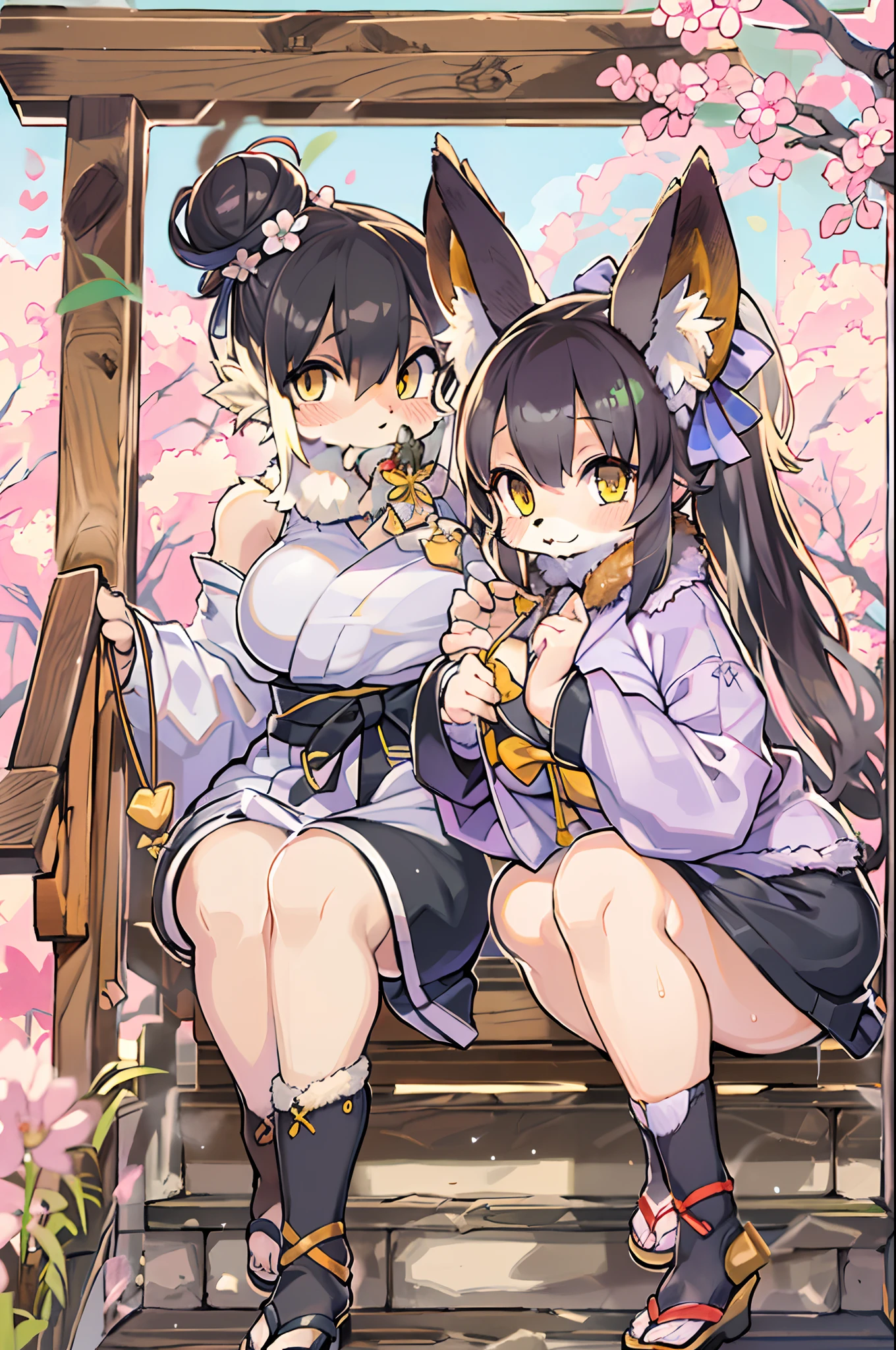 ((masutepiece,Best Quality)),2girls, Black kimono, Black legwear, a black ribbon, Black hair, cherryblossom, day, flower, Hair bun, Hair Ribbon, Komono, Kimono, Long hair, Looking at Viewer, Looking back , Multiple girls, Outdoors, bow ribbon, Sandals, single bun, stairs, Statue, torii gate, tree, Yellow eyes、body covered with fur、huge-breasted、thighs thighs thighs thighs,、bbw、big butts、Ultramammy、(((Fox Woman)))、body covered with fur、kawaii