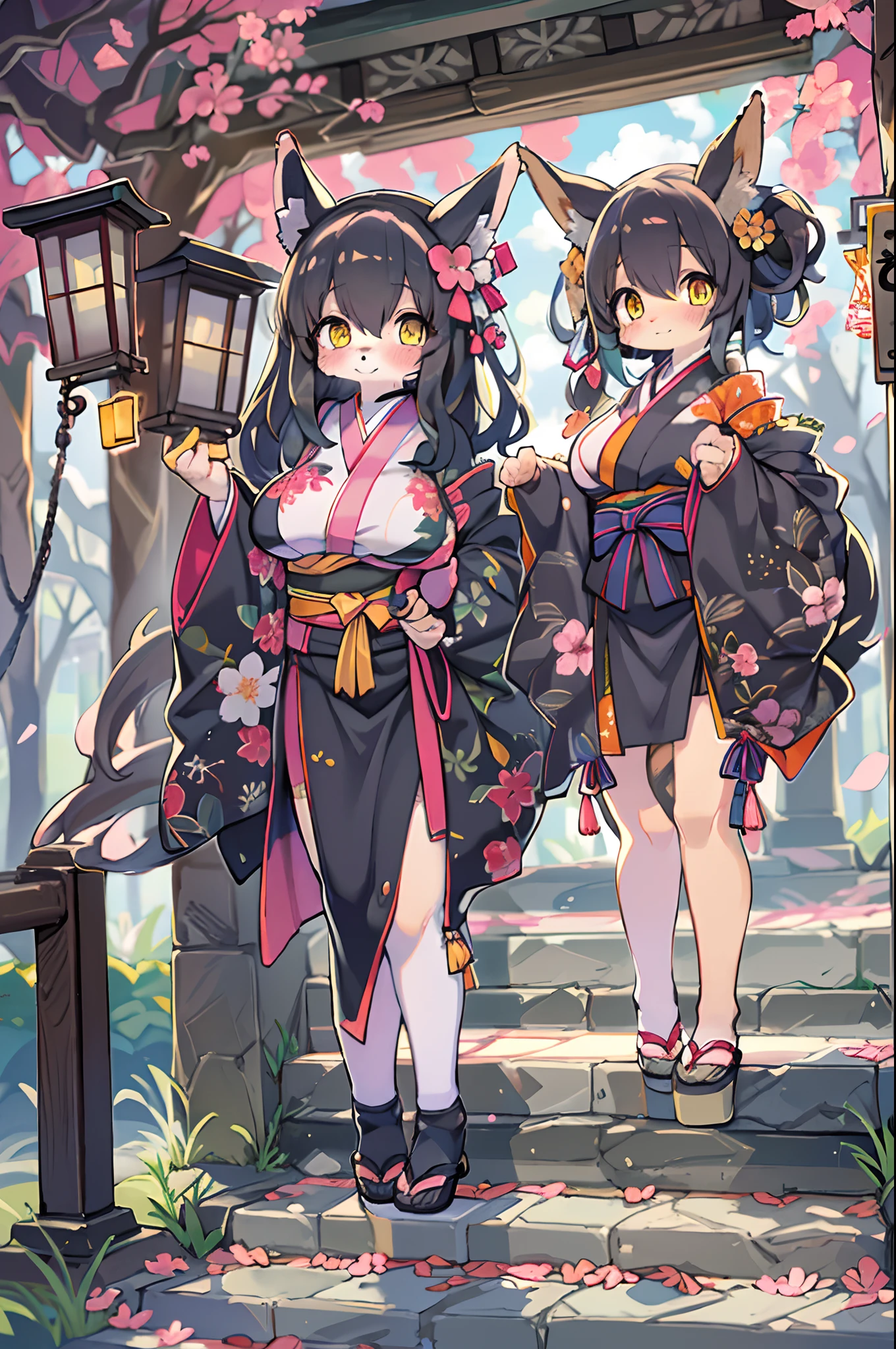 ((masutepiece,Best Quality)),2girls, Black kimono, Black legwear, a black ribbon, Black hair, cherryblossom, day, flower, Hair bun, Hair Ribbon, Komono, Kimono, Long hair, Looking at Viewer, Looking back , Multiple girls, Outdoors, bow ribbon, Sandals, single bun, stairs, Statue, torii gate, tree, Yellow eyes、body covered with fur、huge-breasted、thighs thighs thighs thighs,、bbw、big butts、Ultramammy、(((Fox Woman)))、body covered with fur、kawaii