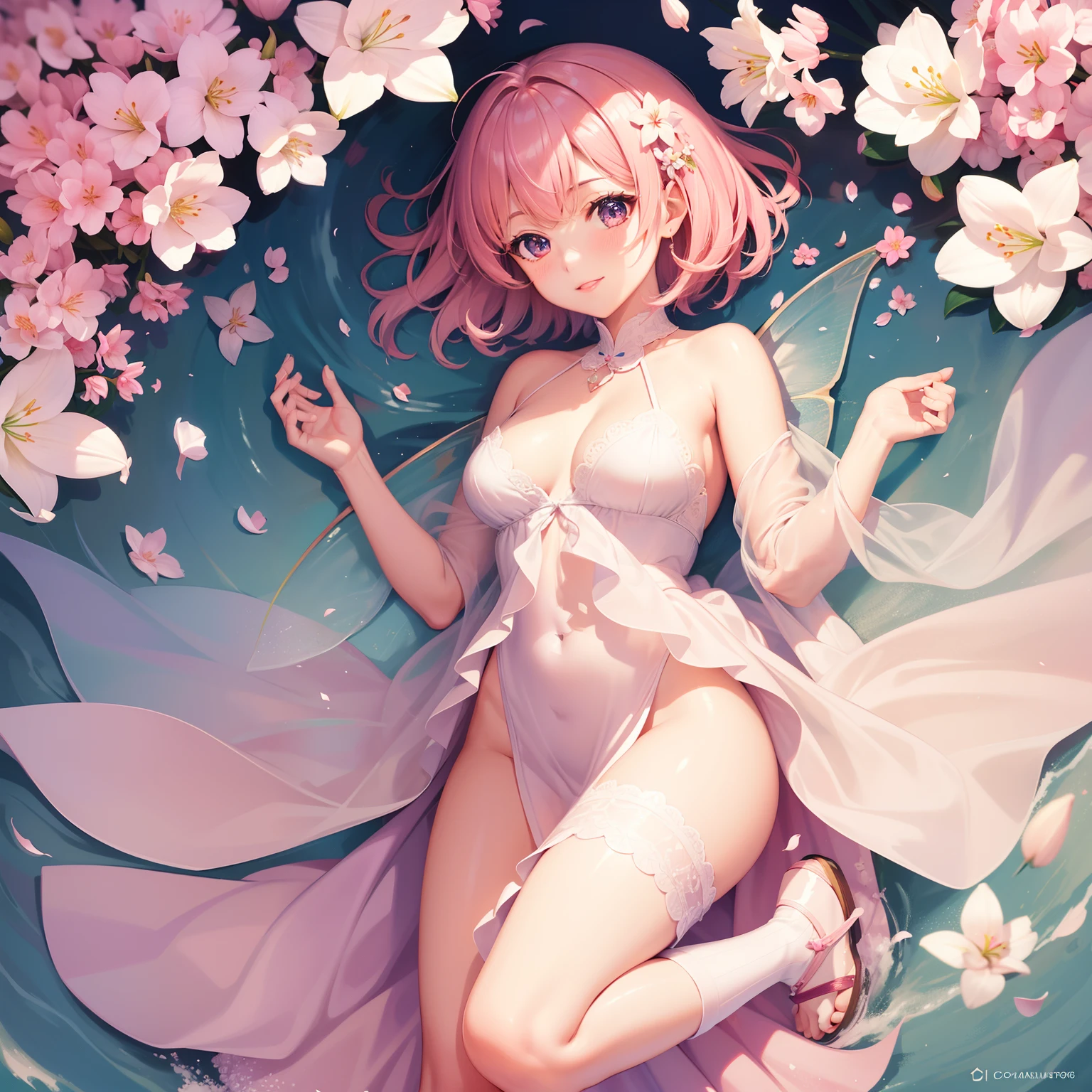 super high image, super detail, super high resolution, a very cute and beautiful fairy smiles shyly among the many lilies and cherry blossom petals, sparkling big eyes, glossy pixie cut, river murmur, anime, manga, illustration, professional lighting