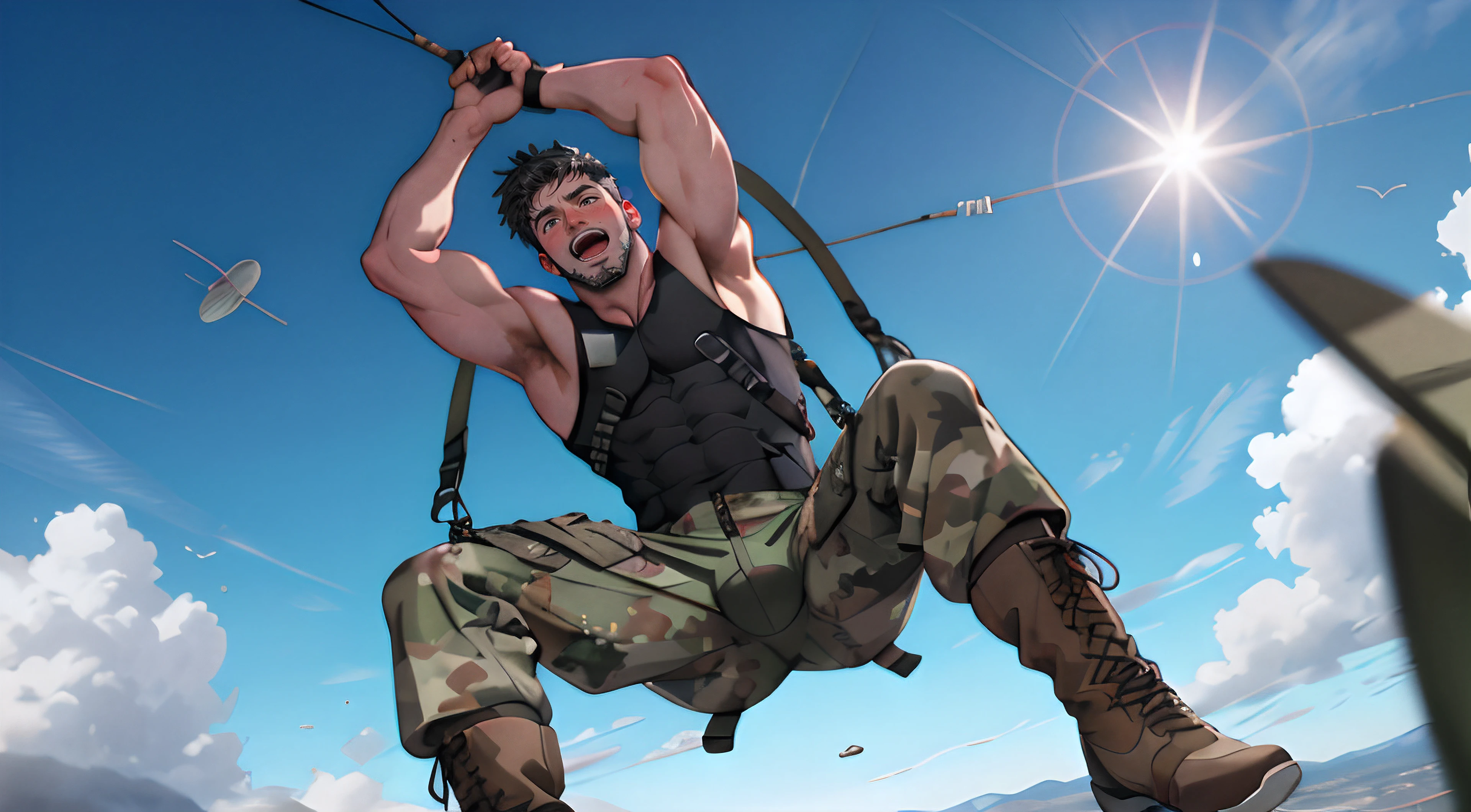 ((1boy)), male only, camouflage tank top, dropped down camouflage pants, small  , mature, stubble, muscular, detailed face, best quality, depth of field, in the sky, parachuting, parachute, look at the viewer, sunshine, natural lights, detailed, masterpiece, detailed background, composition, farshot, full body view, atmosphere, open legs position,(open mouth, blush, embarrased face)