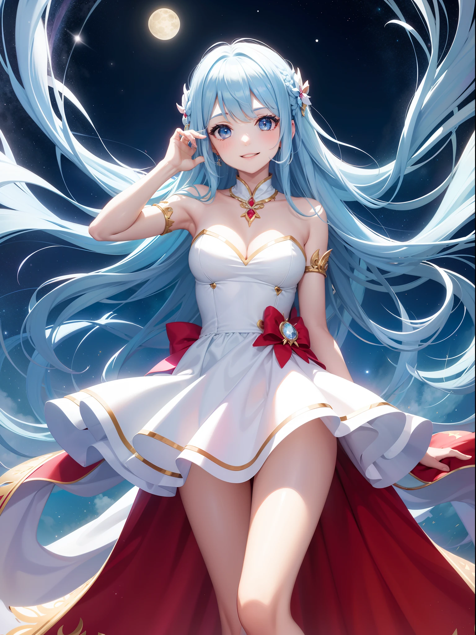 Super Idol a beauty girl A charming smile sky blue hair length hair Bright red and white costume Mystical Fantasia constellation a moon Crystal Brilliance Aurora Borealis in the Night Sky