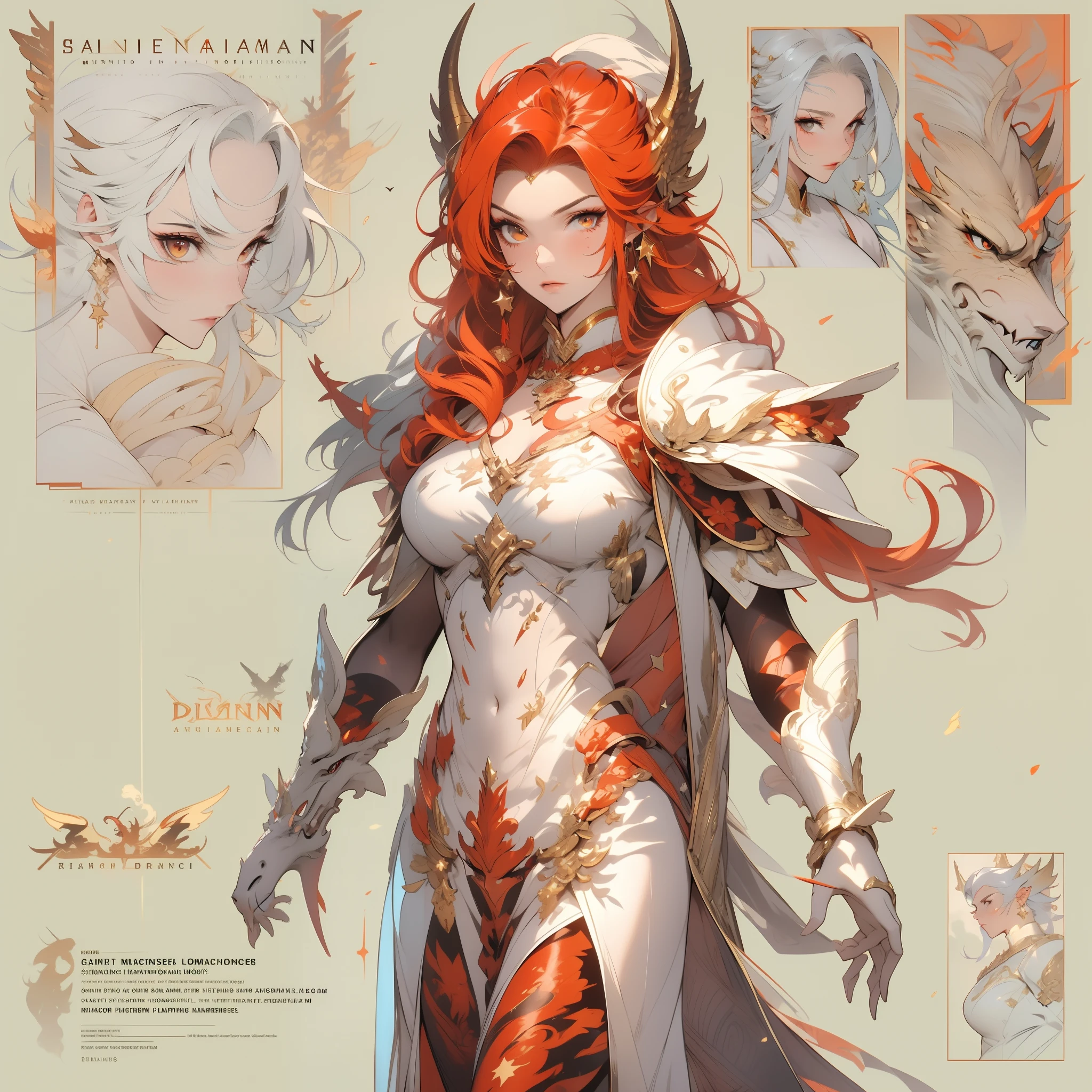 Masterpiece, Highest quality, Detailed face, CharacterDesignSheet，perfectly proportions，full bodyesbian，Full of details, Multiple poses and expressions, Highly detailed, Beautiful paladin girl，red tinted hair，Dragon's horn，ablaze with intensity，Pure white armor，Bride，Surrounded by flames，Star decoration，Lace，lacepantyhose, High Balance,Natural light