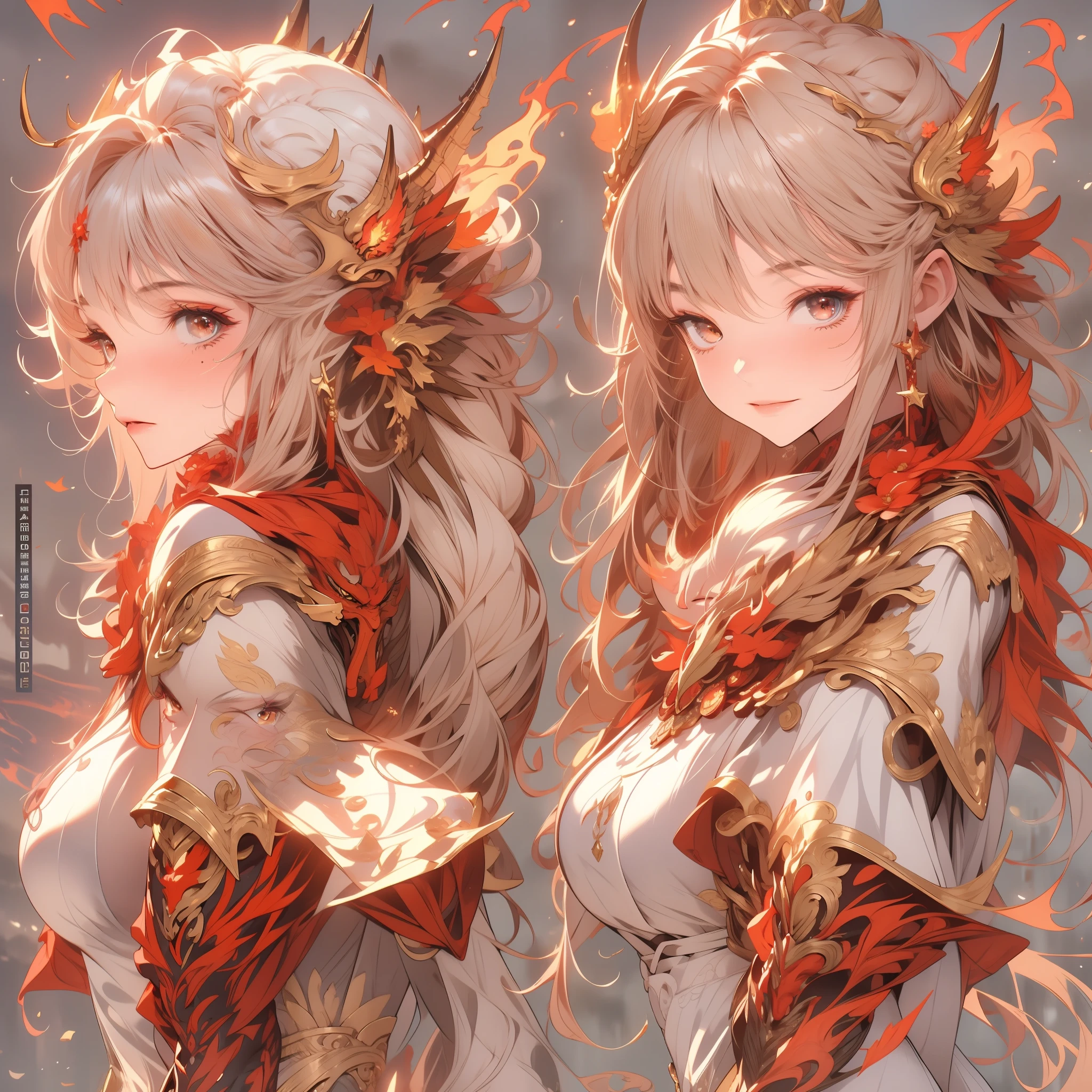 Masterpiece, Highest quality, Detailed face, CharacterDesignSheet,perfectly proportions,full bodyesbian,Full of details, Multiple poses and expressions, Highly detailed, Beautiful paladin girl,red tinted hair,Dragon's horn,ablaze with intensity,Flame armor,Bride,Surrounded by flames,Star decoration,Lace,lacepantyhose, High Balance,Natural light