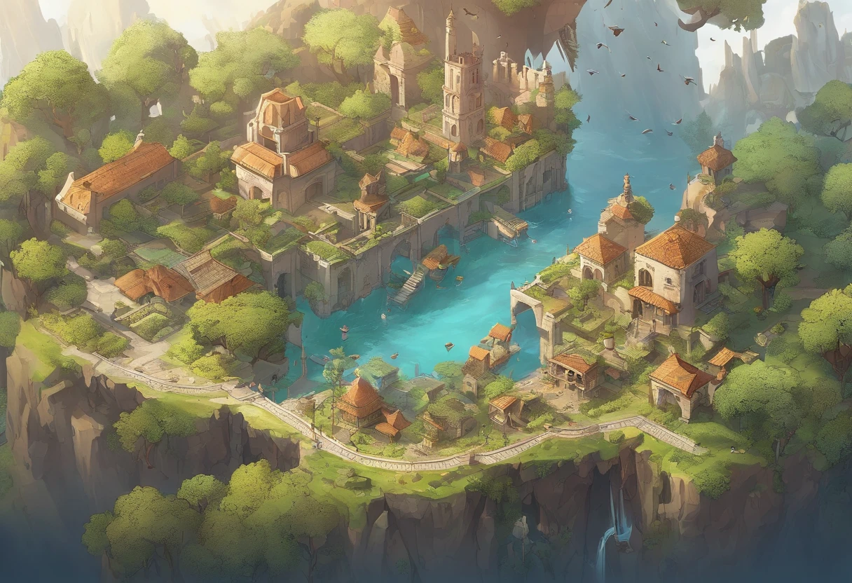 floating island, Decaying ruined cities and land in the sky, where once a prosperous city was formed, but the buildings made of stone and wood have decayed and are dominated by the life force of plants and trees. Collapsed and collapsed buildings, Ancient ruins, uninhabited, a paradise for birds, Artificial fountains, overhead view from a distance, angles from the sky, fantasy worlds,