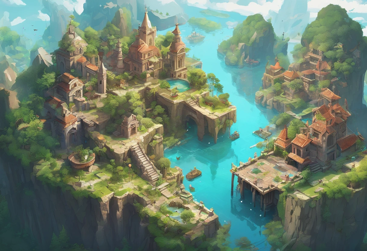 floating island, Decaying ruined cities and land in the sky, where once a prosperous city was formed, but the buildings made of stone and wood have decayed and are dominated by the life force of plants and trees. Collapsed and collapsed buildings, Ancient ruins, uninhabited, a paradise for birds, Artificial fountains, overhead view from a distance, angles from the sky, fantasy worlds,