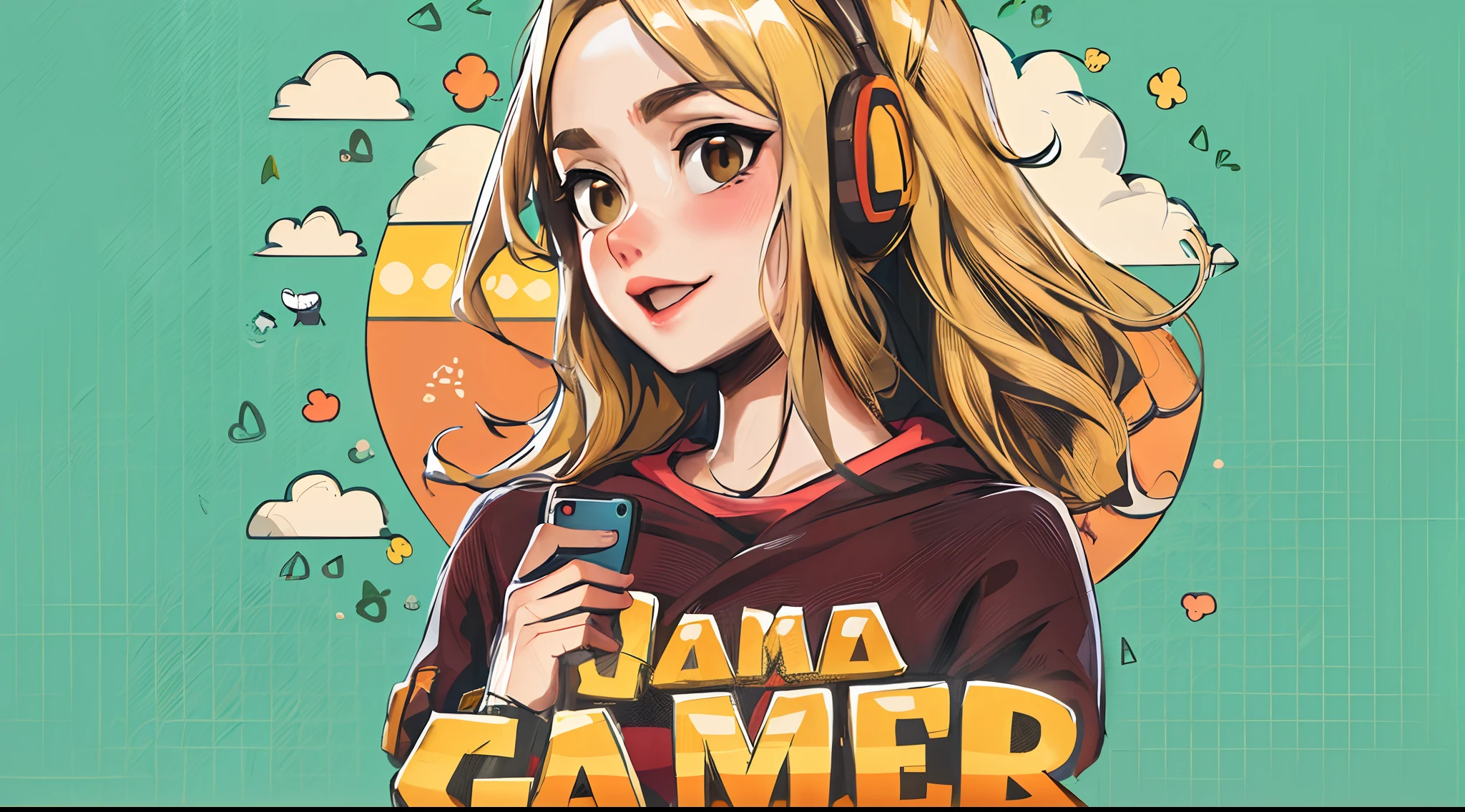 A blonde woman with brown eyes with headphones holding a cell phone in front of a sky, logo escrito "Jana Gamer", gamer aesthetic, Tema gamer, fanart de videogame, Avatar de videogame, arte do jogo de capa, arte de jogos de computador, fanart oficial, Pokimane, arte do jogo, Capa de um novo videogame, arte para o jogo, arte da capa do videogame, foto de perfil do discord, Arte Promocional