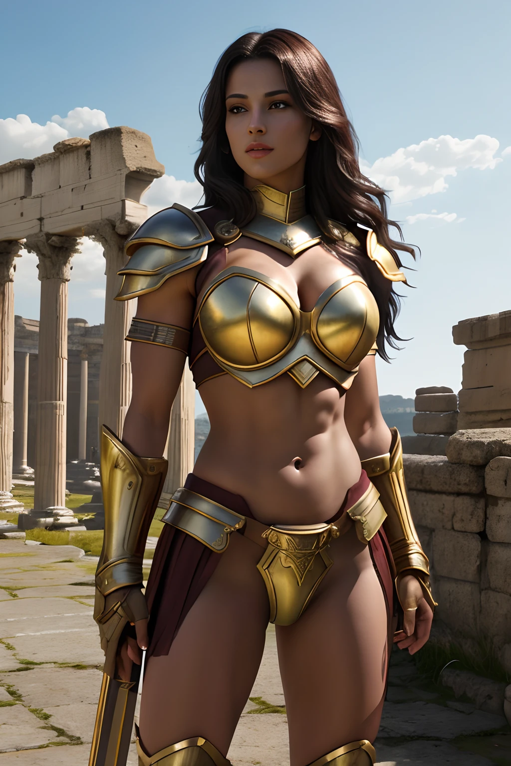 (Highest quality: 1.4), (Best ever), (Ultra high quality), (Ultra realistic 8K CG), Official art, Seductive pose, Female gladiator, Stunningly beautiful pretty face, Detailed armor and gauntlets, Short, dark, messy hair, Muscular_body: 1.4, Very detailed breastplate, taut chest, white skin, toned abs, toned thighs, ancient Roman city background, sun light creates beautiful shadow gradient and adds depth to the image, (light colors, dim colors, light tones: 1.3), low saturation, (hyperdetail: 1.2), perfect anatomy,